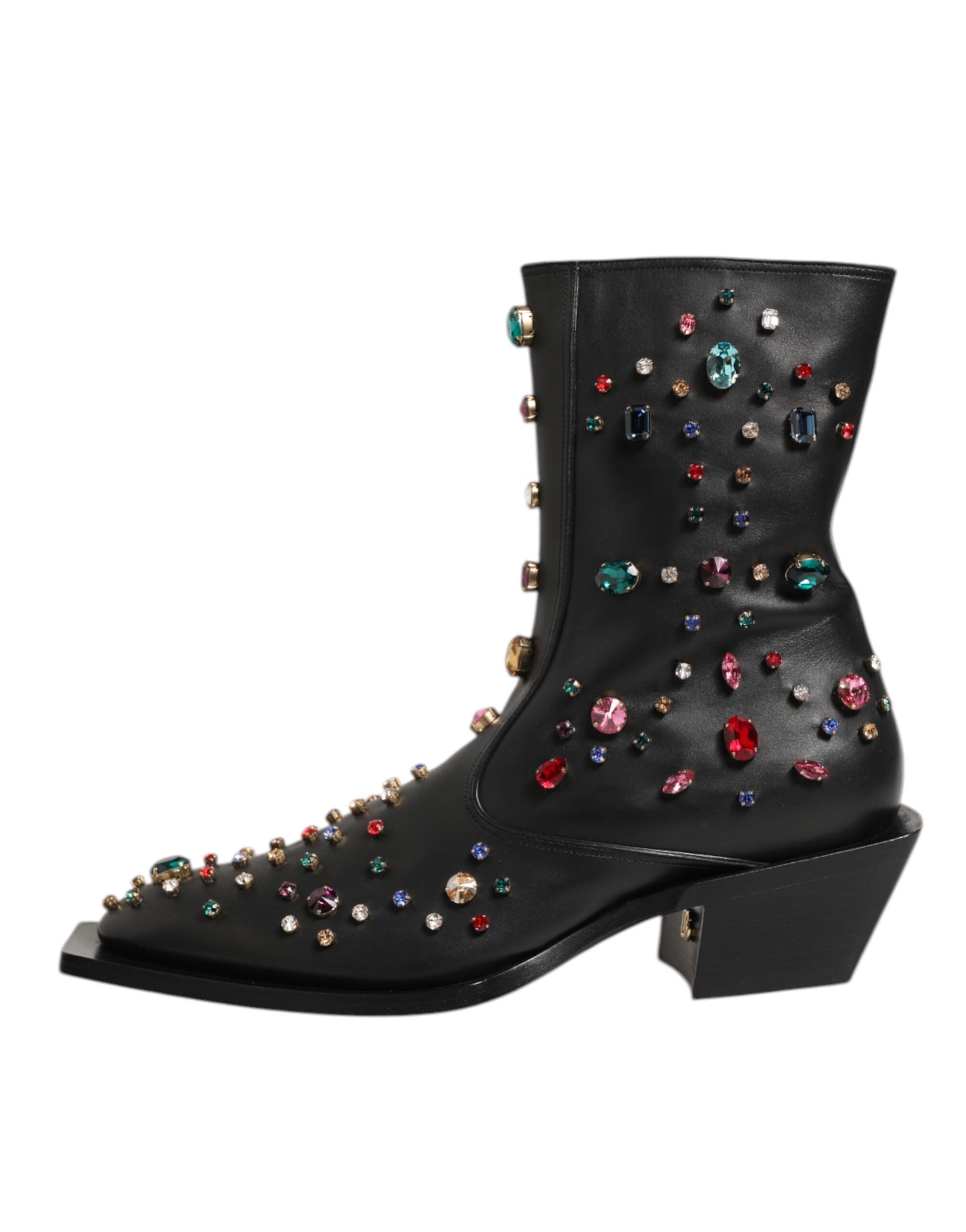 Chaussures hommes Dolce & Gabbana, bottines noires en cuir avec cristaux brillants, style élégant et sophistiqué.