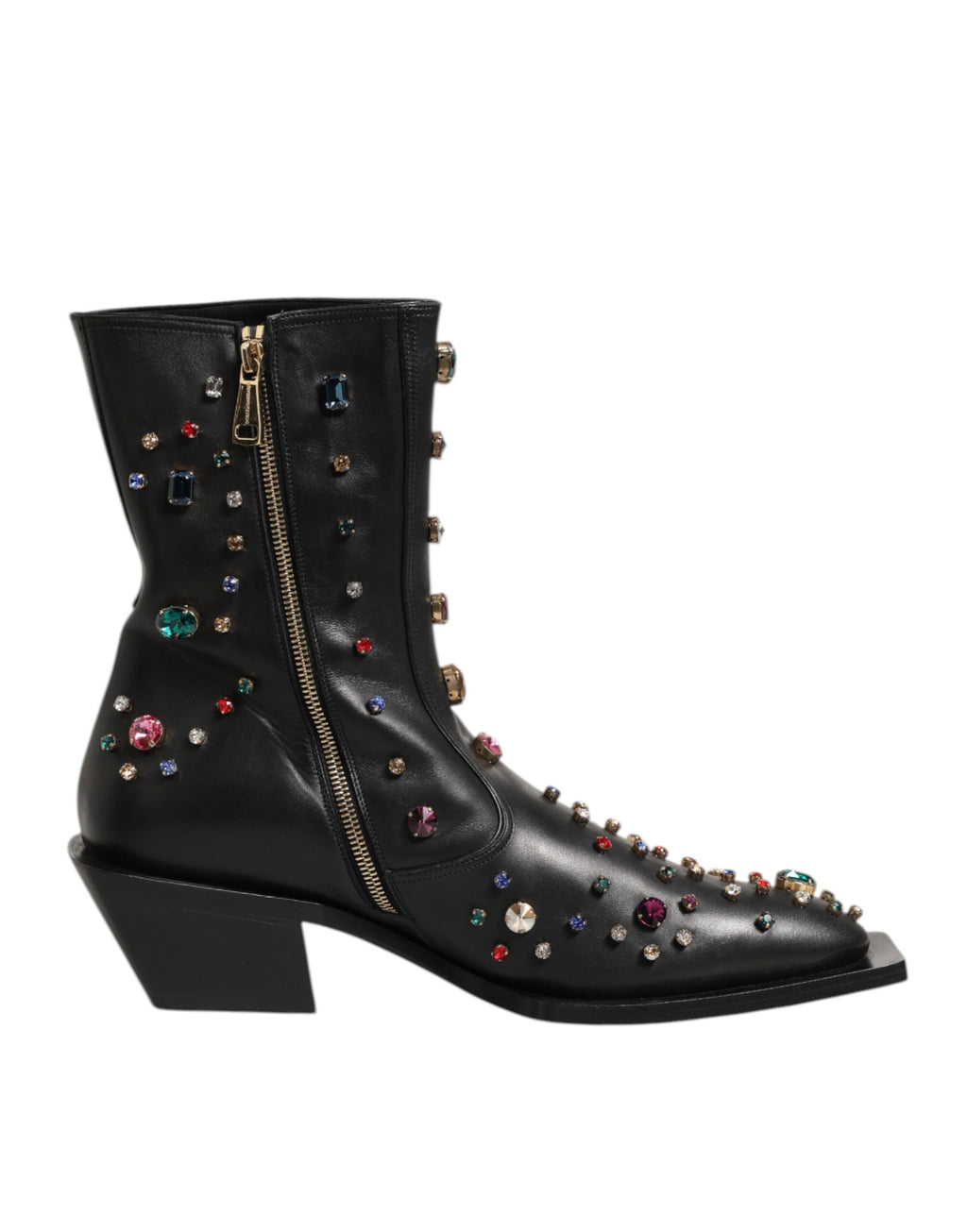 Chaussures hommes Dolce & Gabbana noires à cristaux, bottines courtes avec embellissements brillants et design élégant.