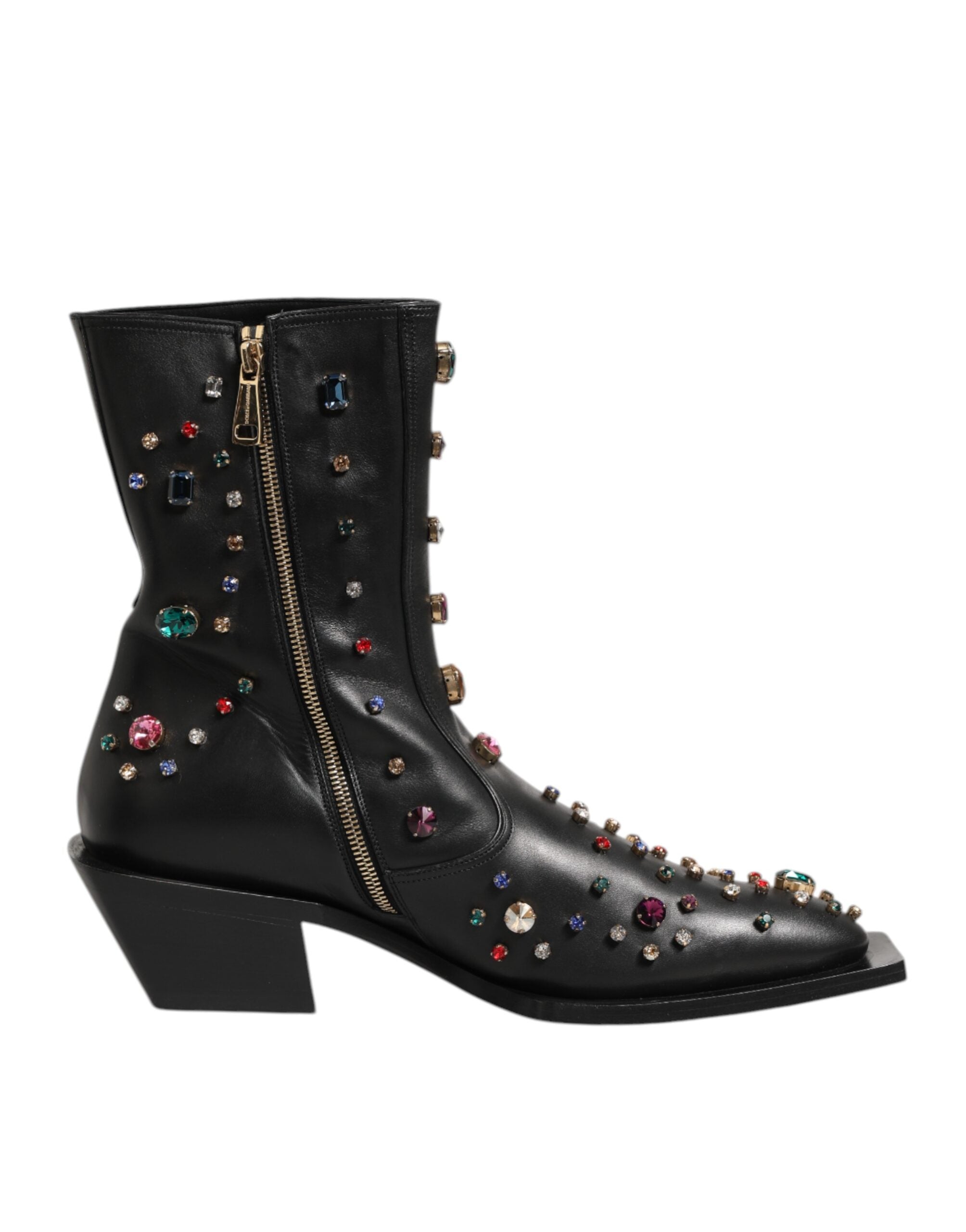 Chaussures hommes Dolce & Gabbana noires à cristaux, bottines courtes avec embellissements brillants et design élégant.