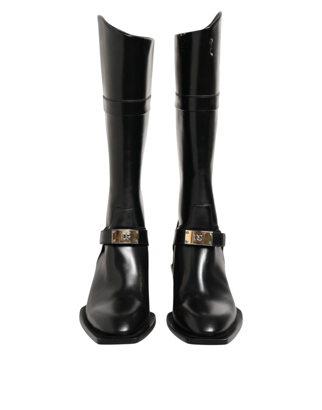 Bottes noires Dolce & Gabbana avec plaque logo en haut du mollet, style élégant et sophistiqué, en cuir.