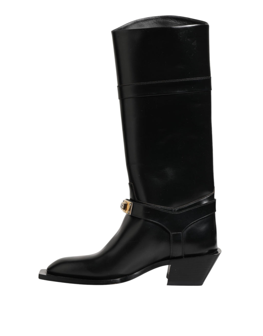 Bottes Dolce & Gabbana noires avec plaque logo, montant jusqu'au dessus du mollet, en cuir élégant et tendance.