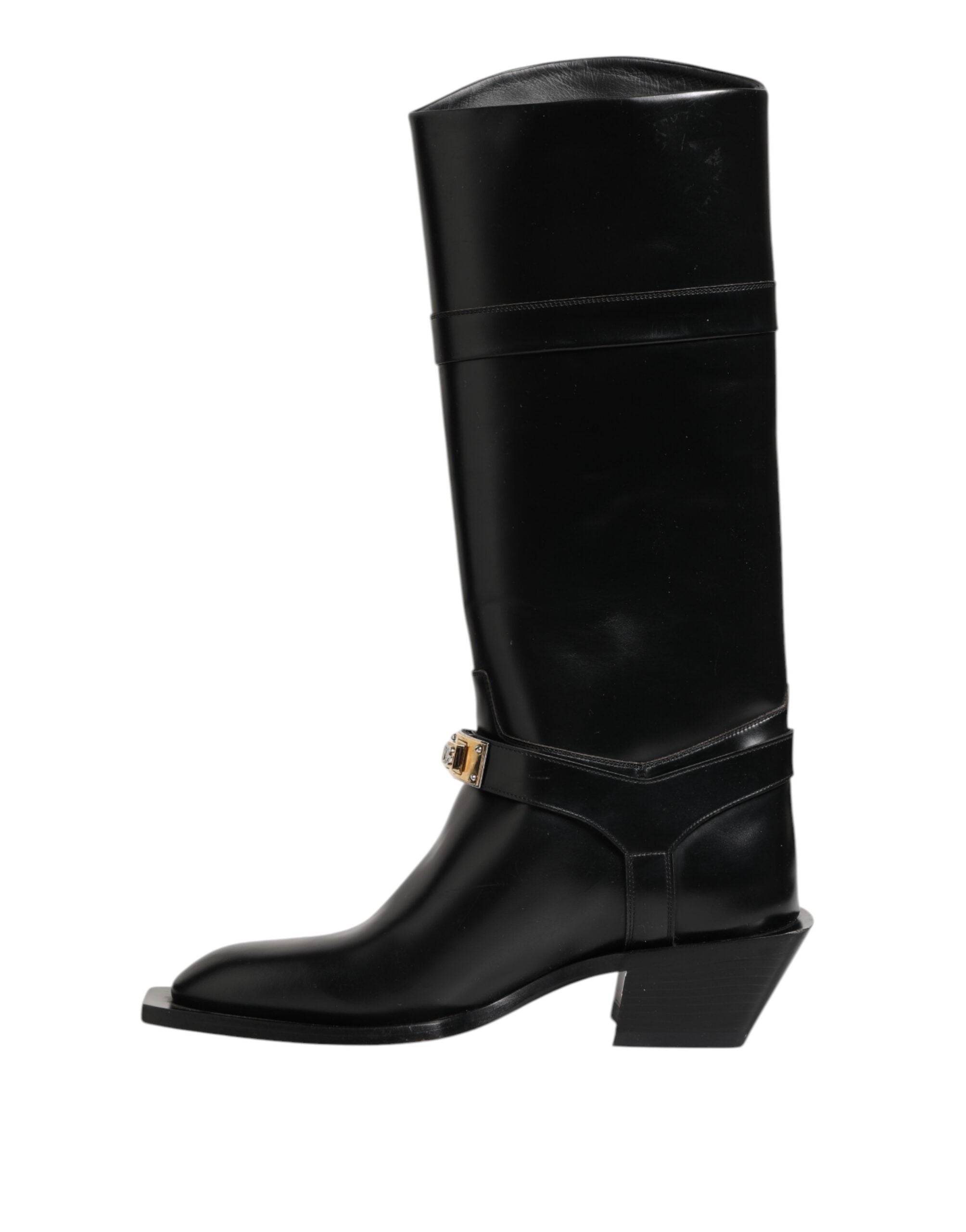 Bottes Dolce & Gabbana noires avec plaque logo, montant jusqu'au dessus du mollet, en cuir élégant et tendance.