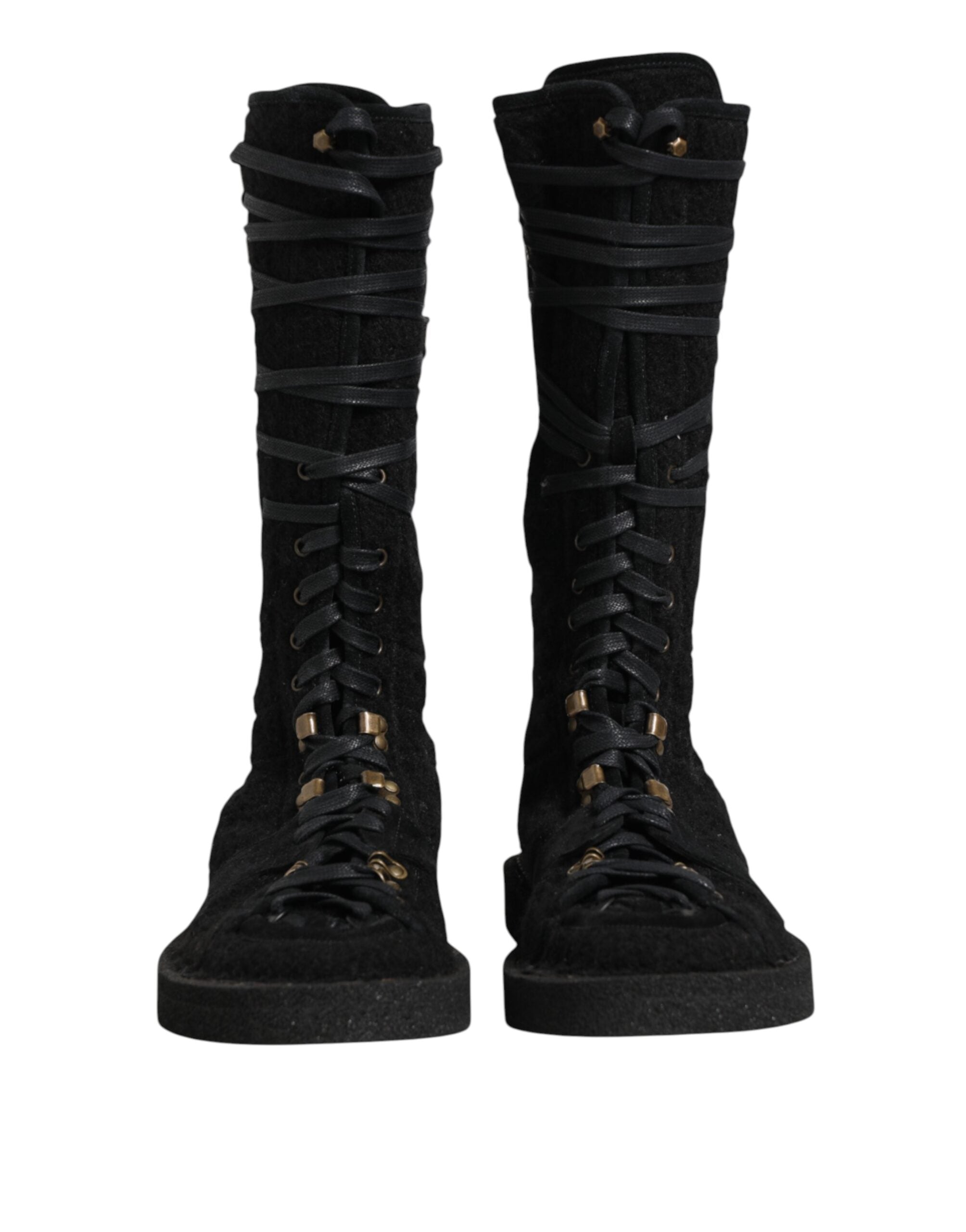Bottes mi-mollet en alpaga noir et daim de Dolce & Gabbana, chaussures élégantes et sophistiquées.