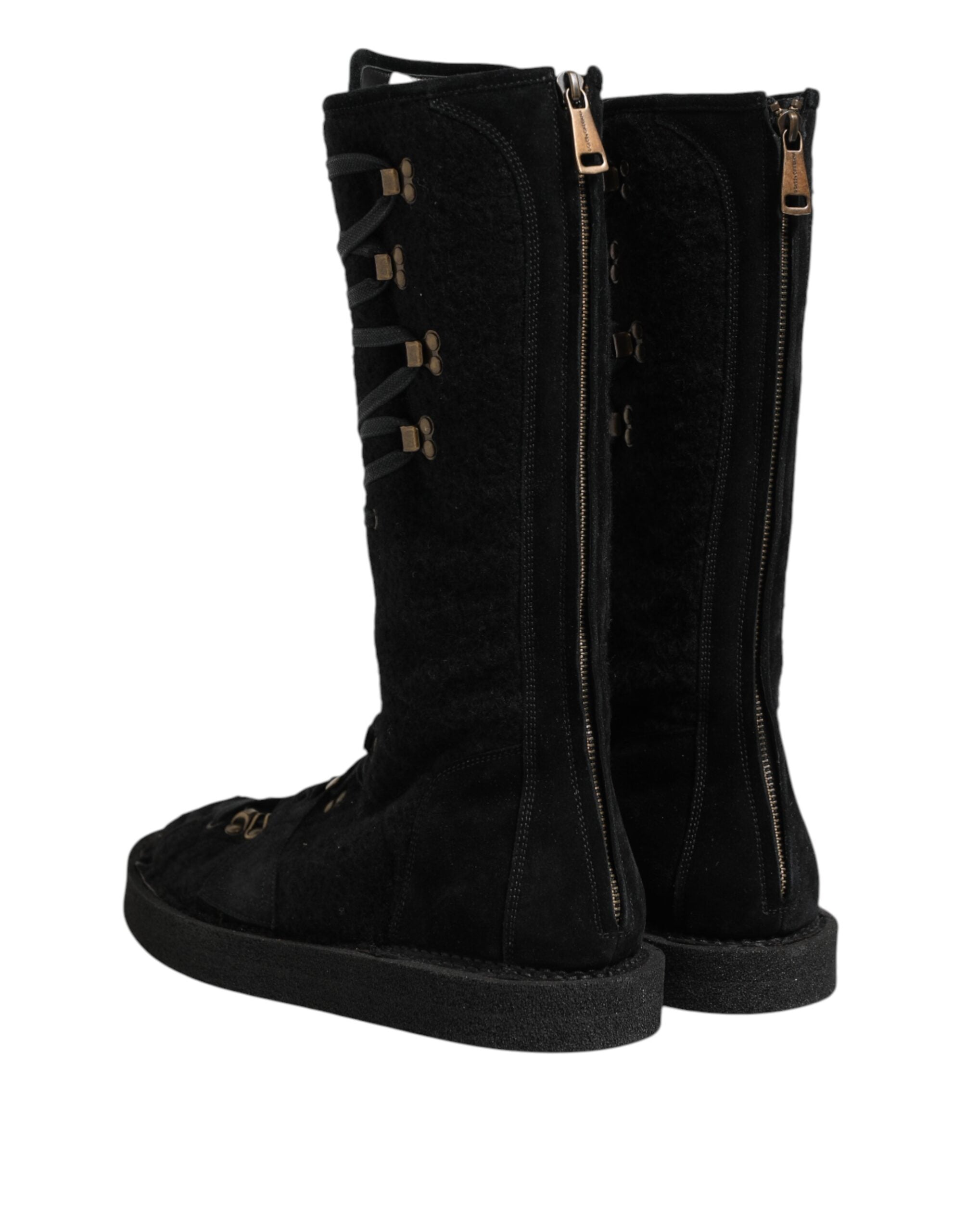 Bottes mi-mollet en laine alpaga noire et daim de Dolce & Gabbana, chaussures élégantes pour femmes.