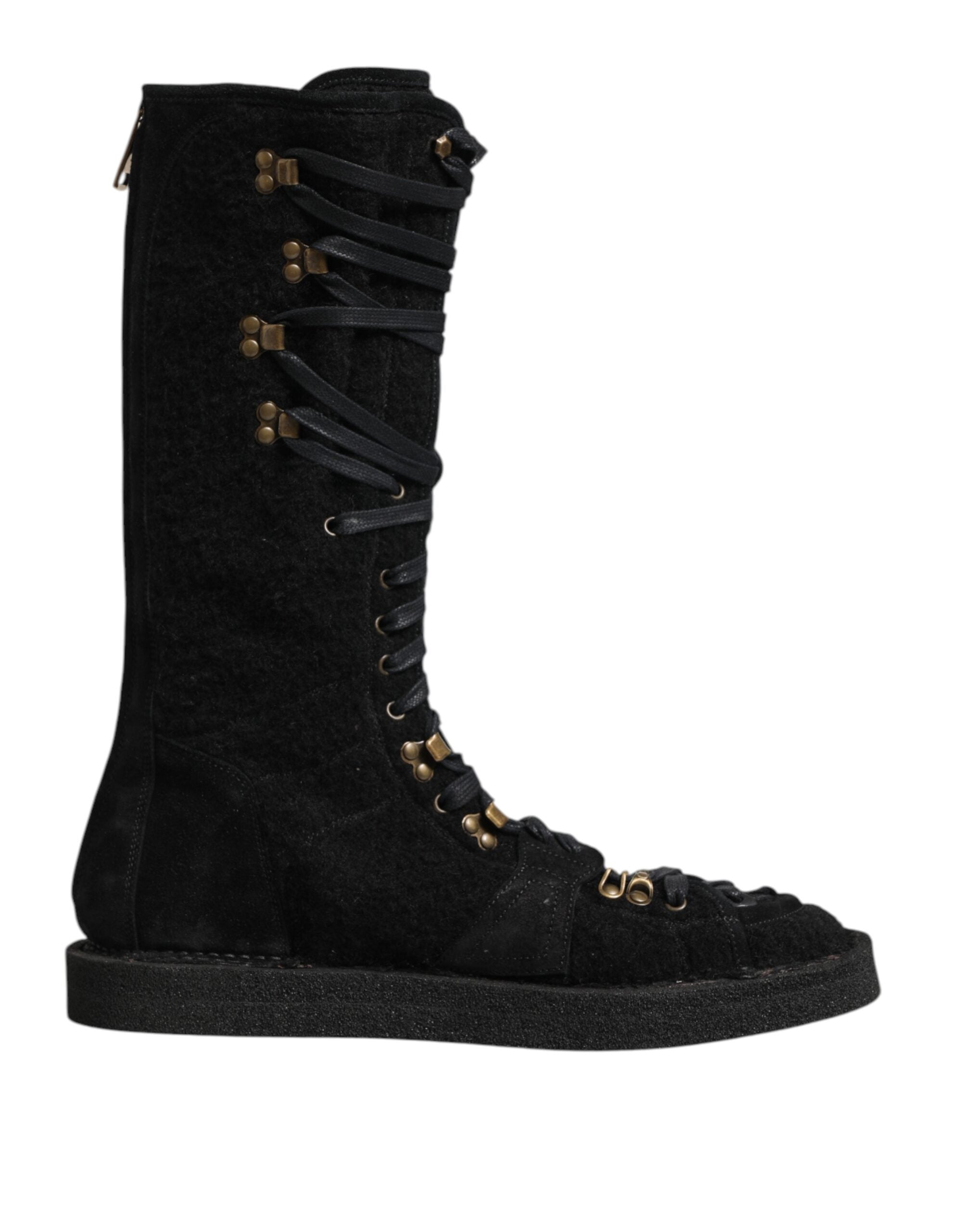 Bottes mi-mollet en laine d'alpaga noire et suède Dolce & Gabbana, élégantes avec semelle en cuir et design sophistiqué.