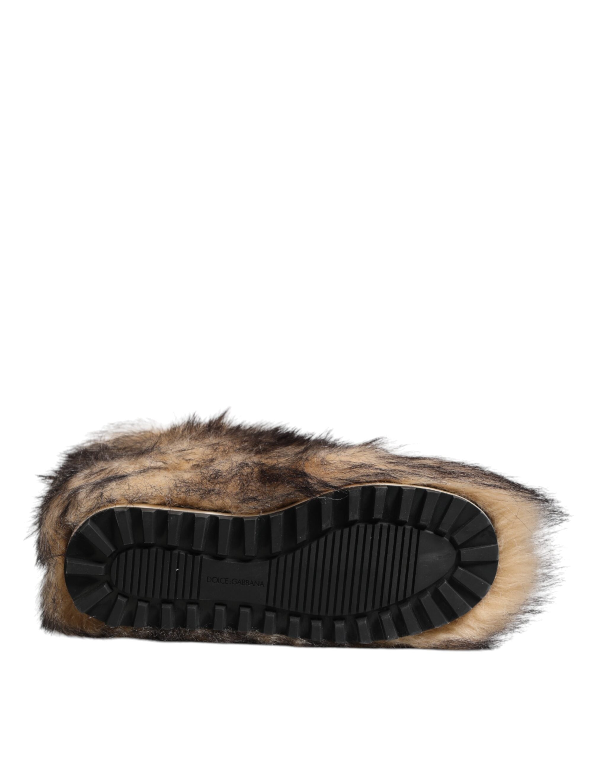 Bottes hommes courtes Dolce & Gabbana en fausse fourrure beige et marron, style ski, avec semelle robuste.