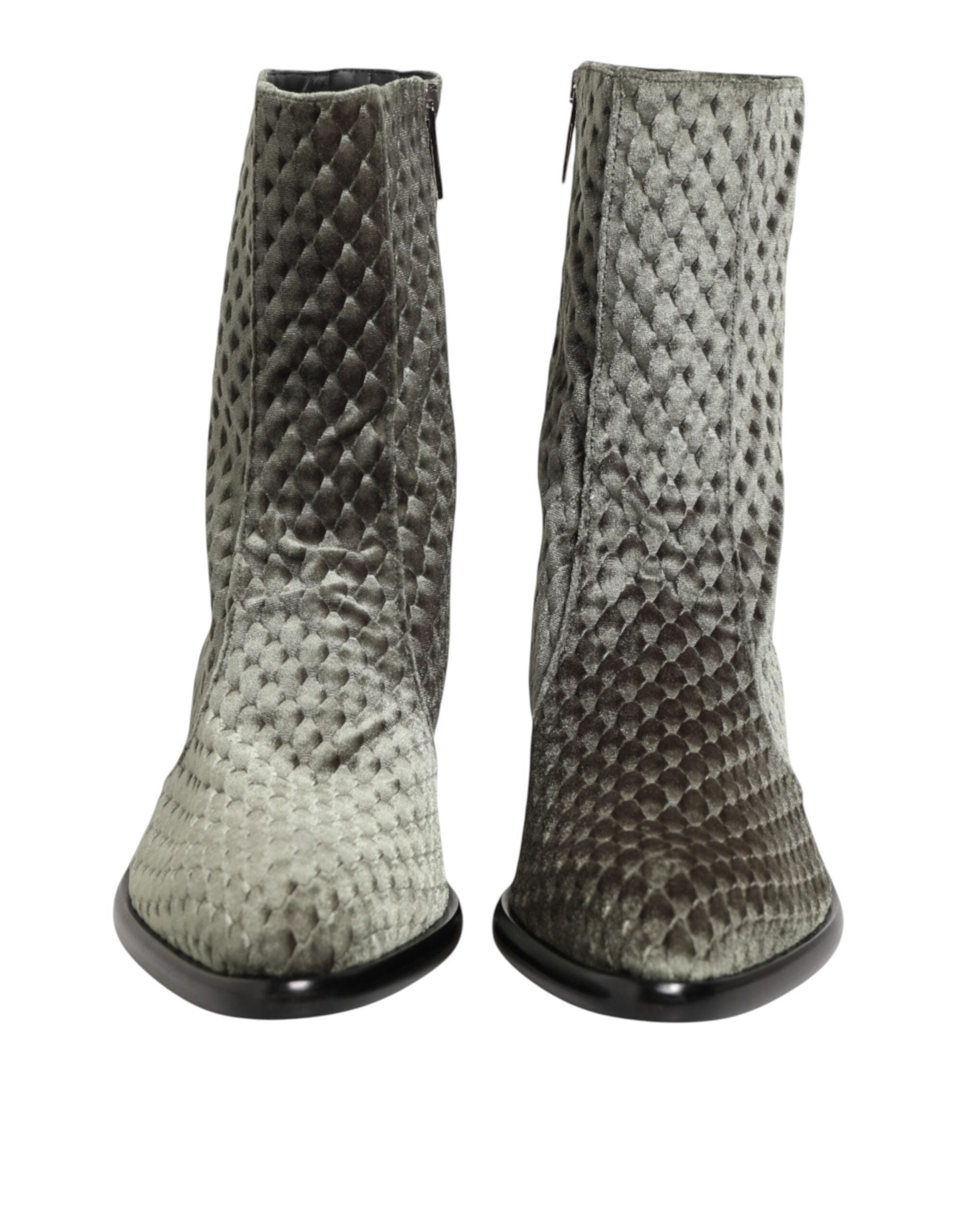 Bottes courtes en velours de coton gris Dolce & Gabbana, mi-mollet, style élégant et confortable.