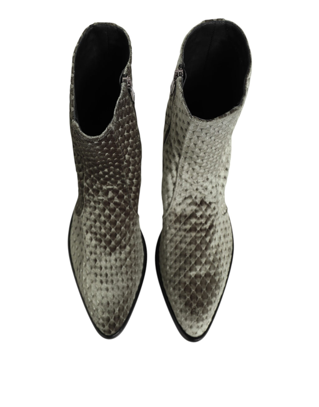 Bottes courtes en velours de coton gris Dolce & Gabbana, mi-mollet, style élégant et sophistiqué.