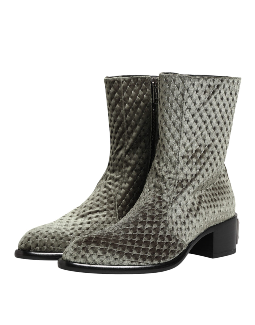 Bottines mi-mollet en velours de coton gris de Dolce & Gabbana, chaussures élégantes et confortables.