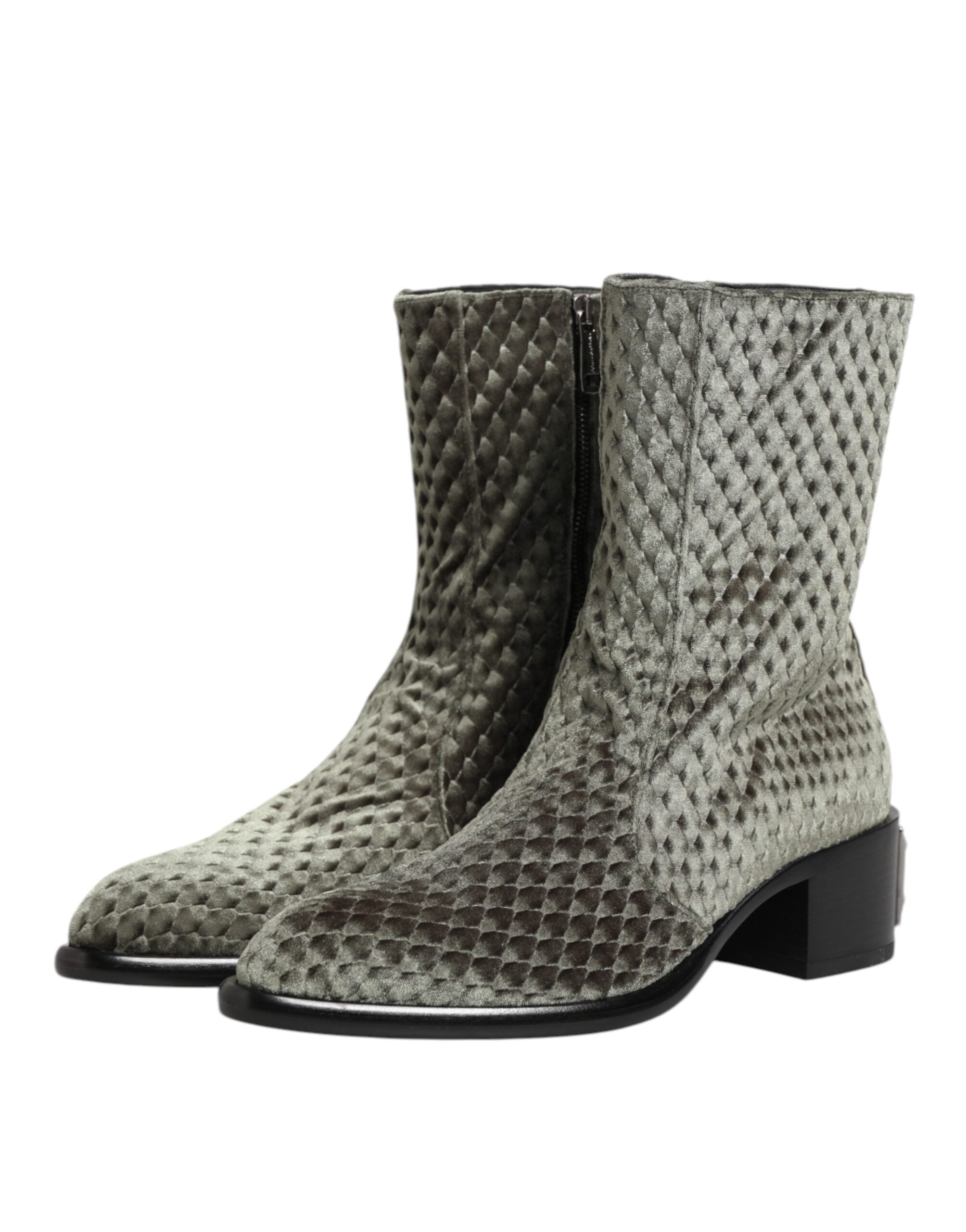 Bottines mi-mollet en velours de coton gris de Dolce & Gabbana, chaussures élégantes et confortables.
