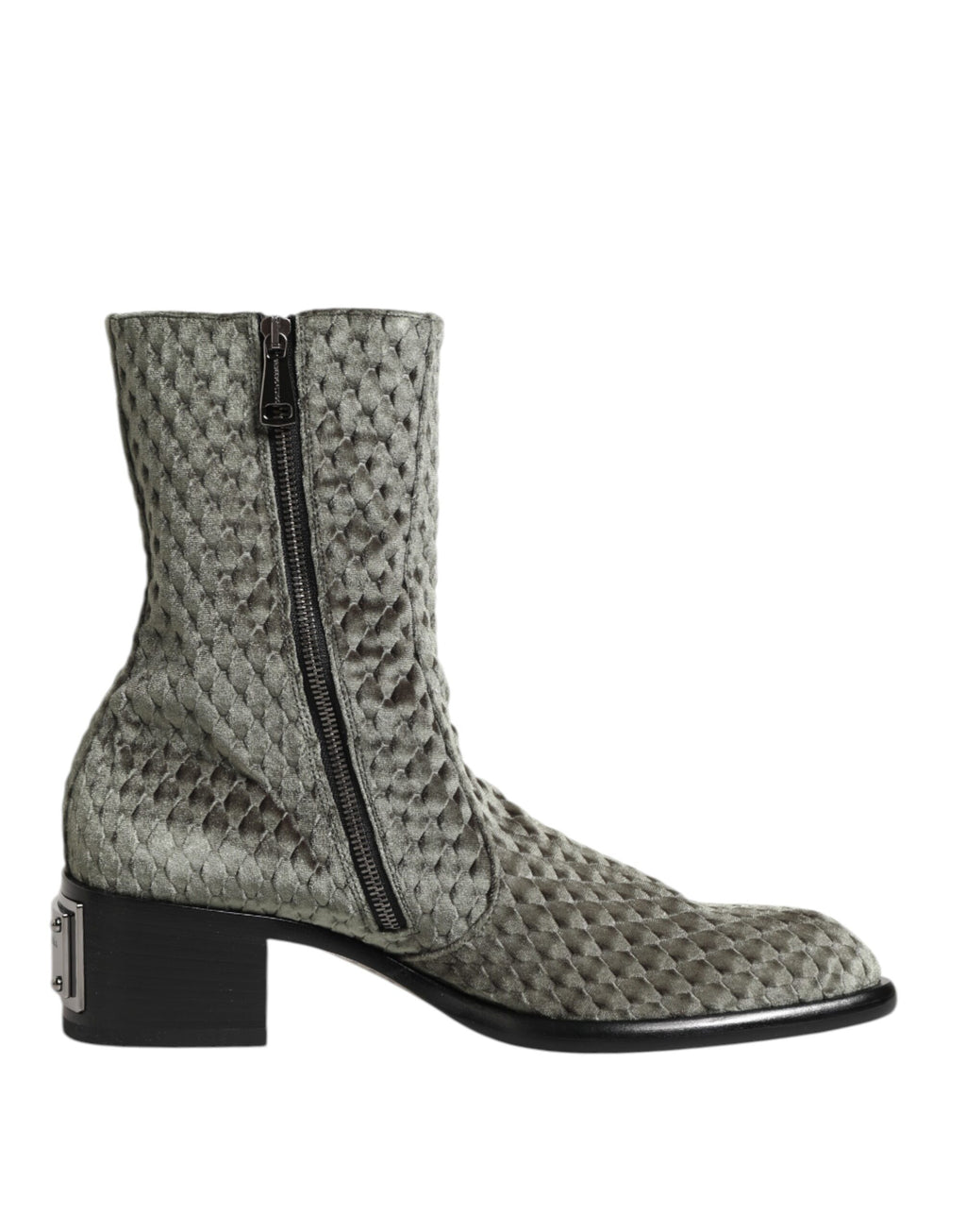 Bottes courtes en velours de coton gris de Dolce & Gabbana, mi-mollet, avec design élégant et semelle en cuir.