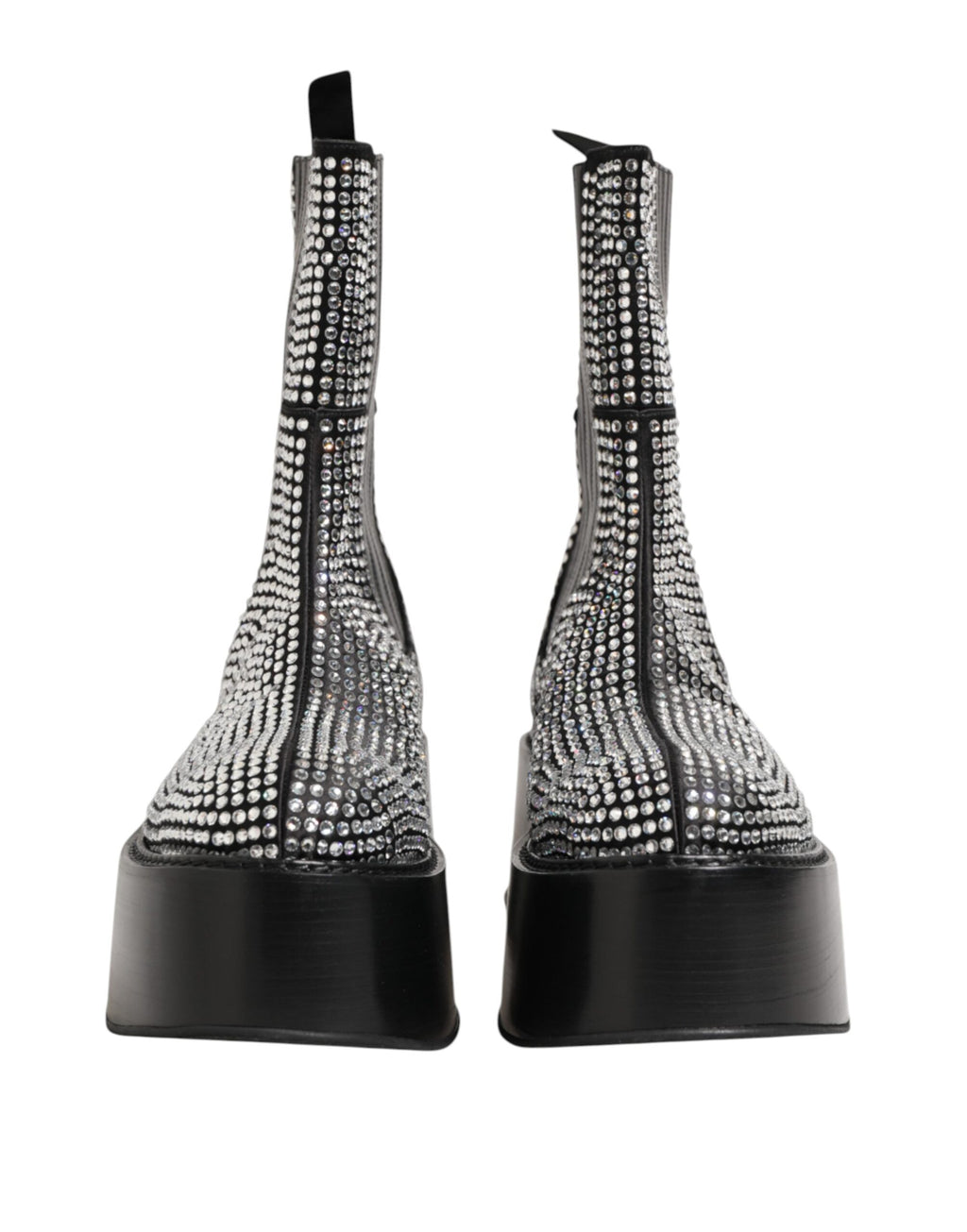 Bottes courtes en cuir noir Dolce & Gabbana avec strass cristallins et détails métalliques, mi-mollet, élégantes et sophistiquées.