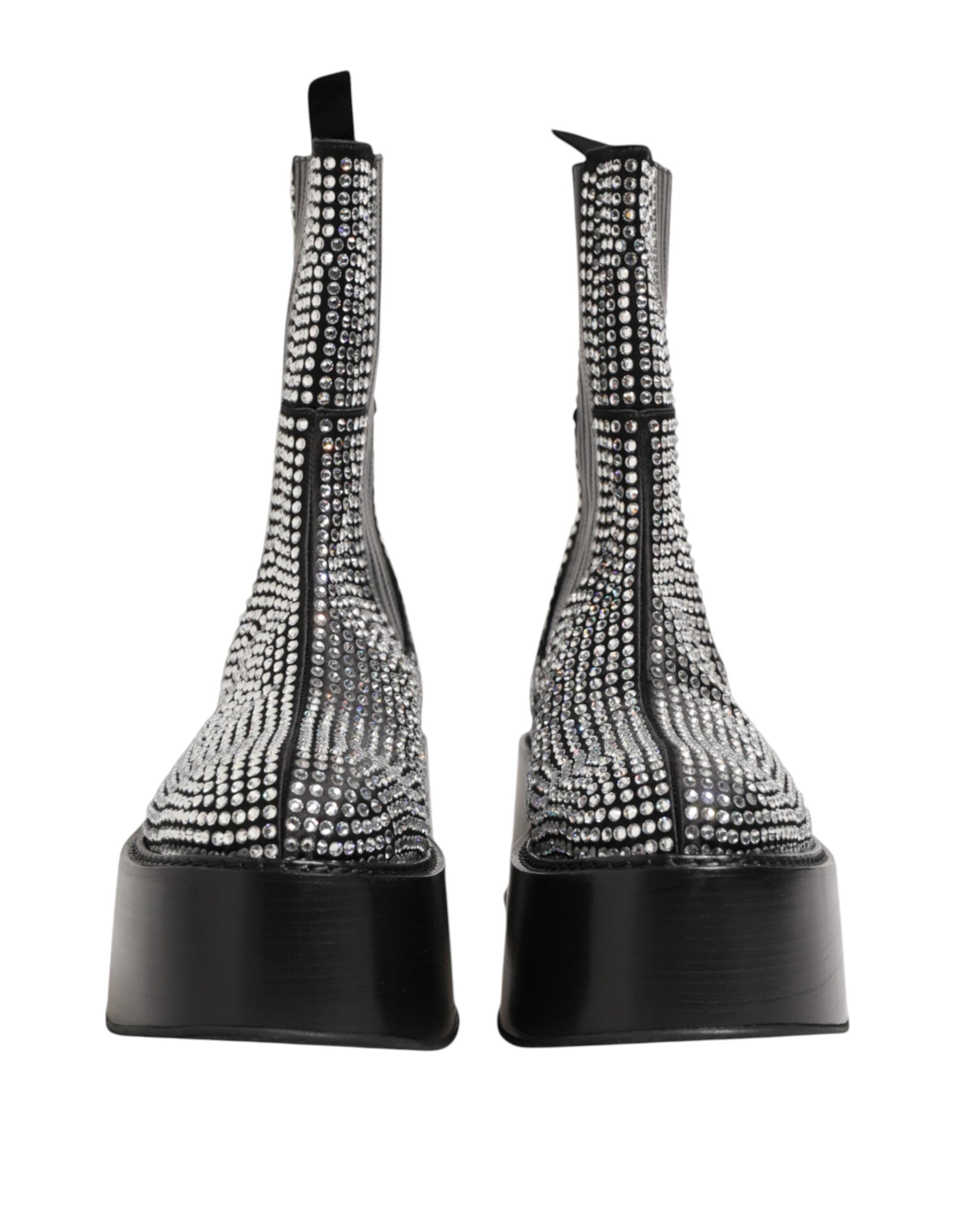 Bottes courtes en cuir noir Dolce & Gabbana avec strass cristallins et détails métalliques, mi-mollet, élégantes et sophistiquées.