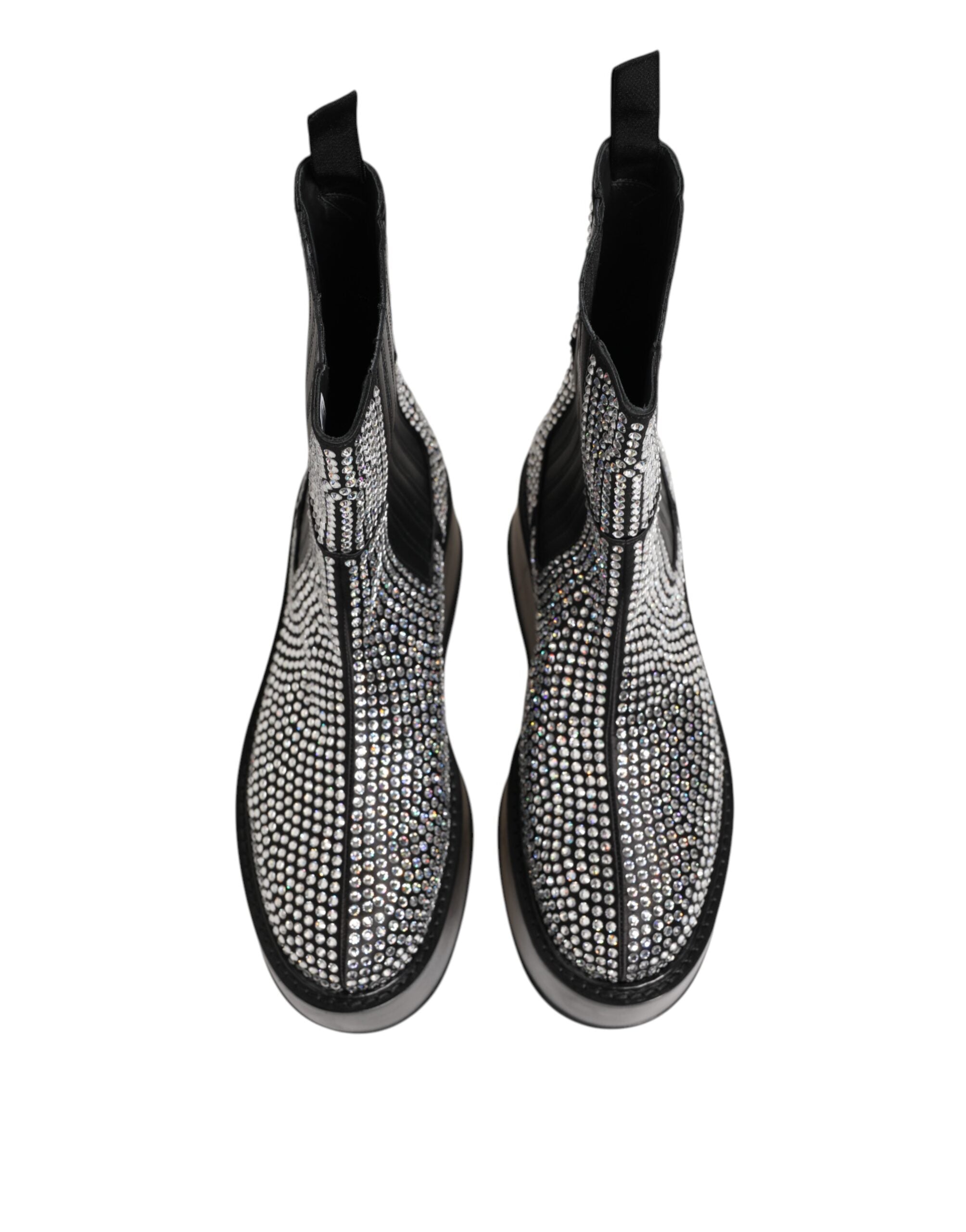 Bottes courtes noires Dolce & Gabbana en cristal et strass, mi-mollet, élégantes et tendance.
