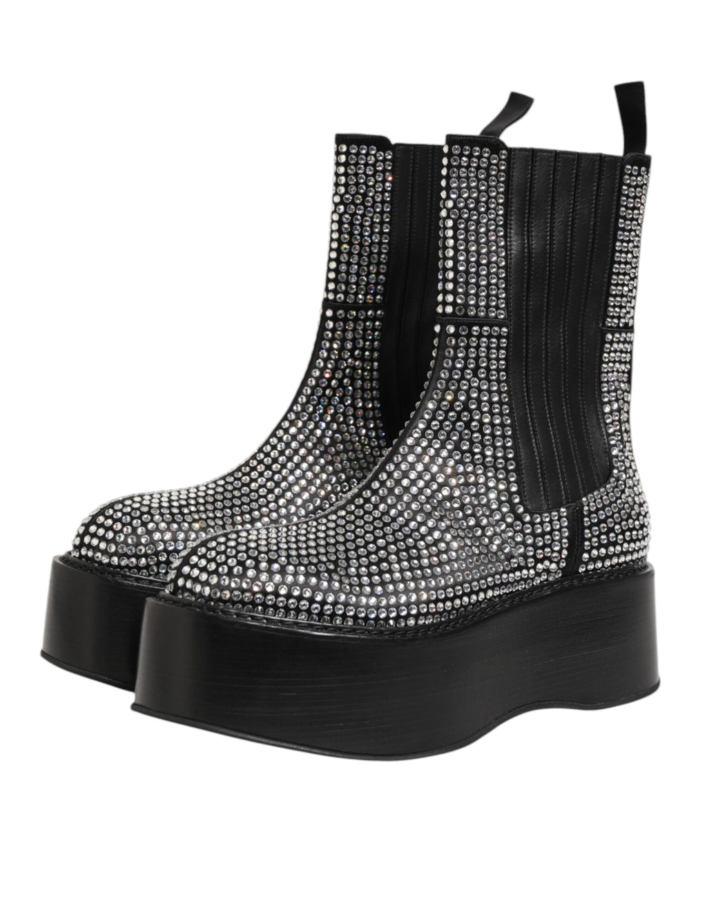 Chaussures bottines Dolce & Gabbana noires en cuir avec cristaux et strass, mi-mollet, style élégant et brillant.