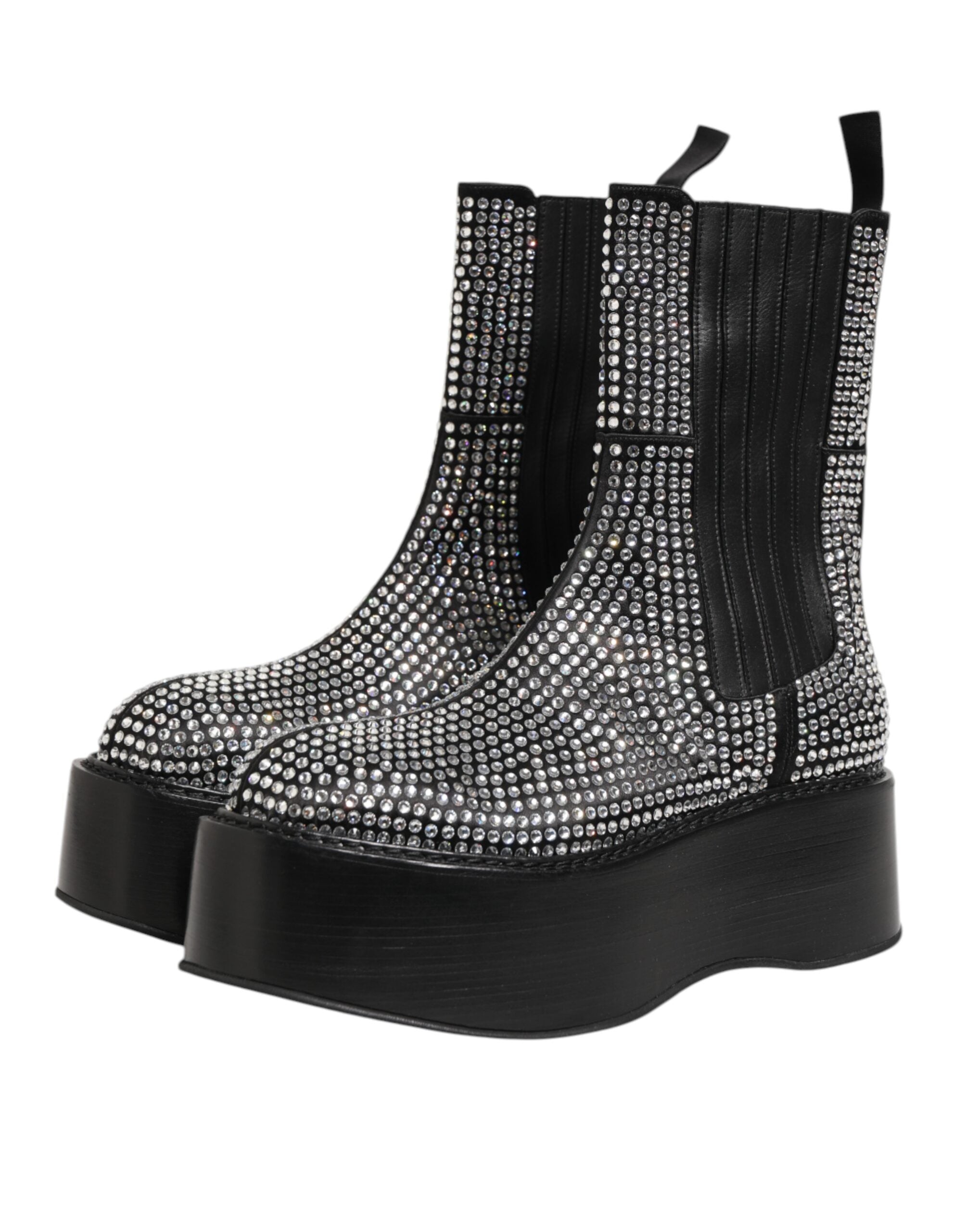 Chaussures bottines Dolce & Gabbana noires en cuir avec cristaux et strass, mi-mollet, style élégant et brillant.