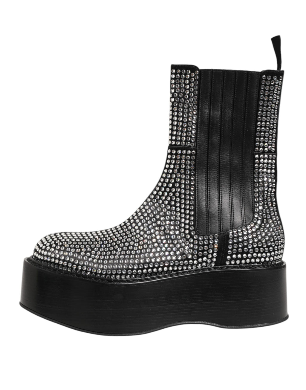 Bottes courtes mi-mollet noires Dolce & Gabbana avec cristaux et strass, style élégant et sophistiqué.