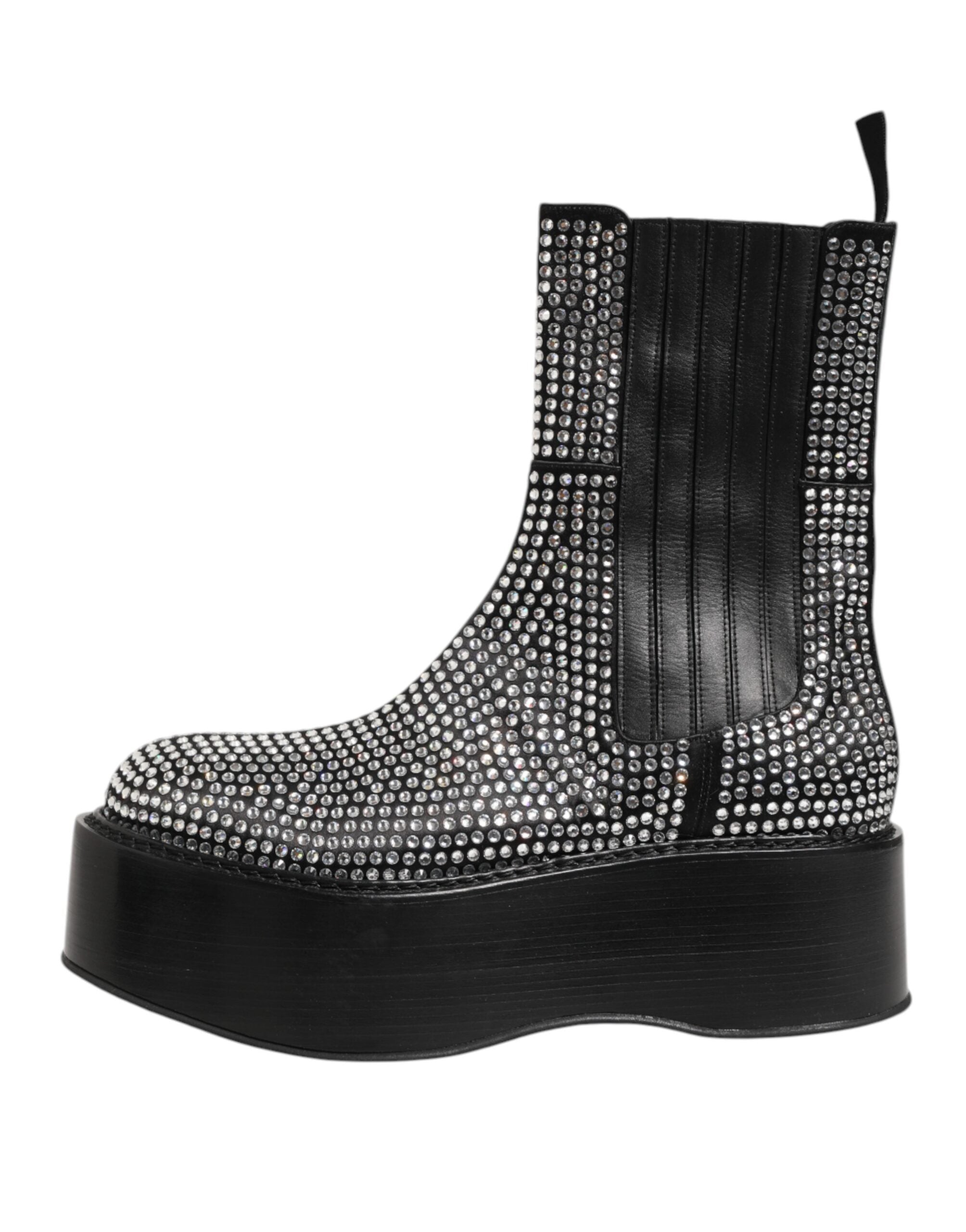 Bottes courtes mi-mollet noires Dolce & Gabbana avec cristaux et strass, style élégant et sophistiqué.