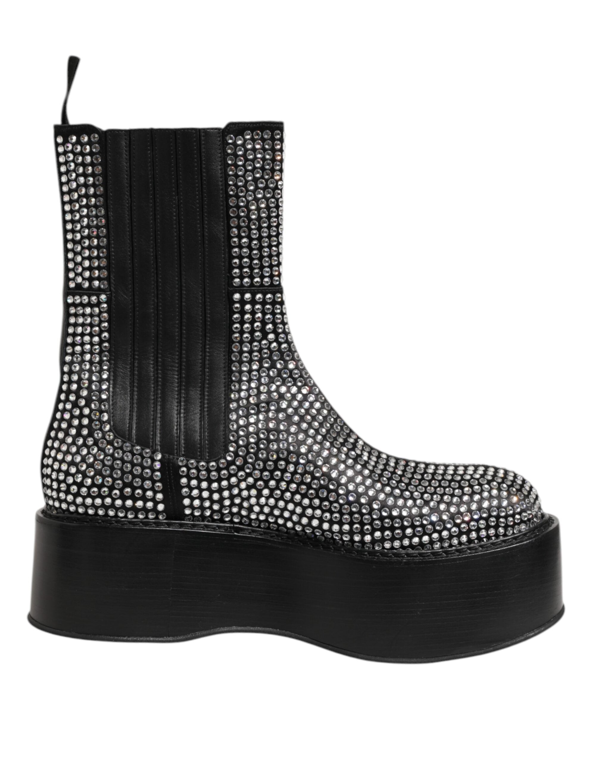 Bottes courtes noires Dolce & Gabbana en cuir avec strass et cristaux, mi-mollet, élégantes et élégantes, vue de face