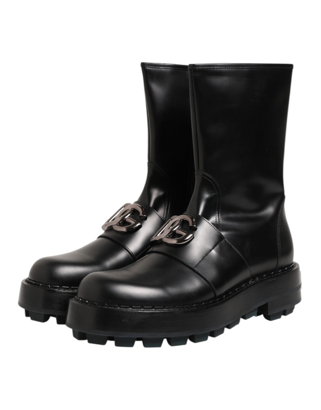 Bottes noires Dolce & Gabbana, mi-mollet, style biker avec plaque logo en relief, cuir élégant et finition sophistiquée.