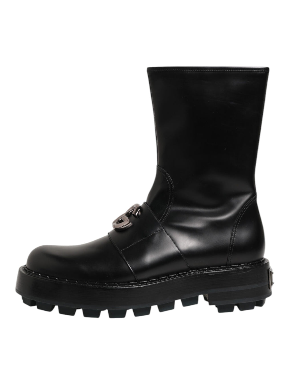 Bottes biker noires Dolce & Gabbana avec plaque logo en mi-mollet, style robuste et élégant.