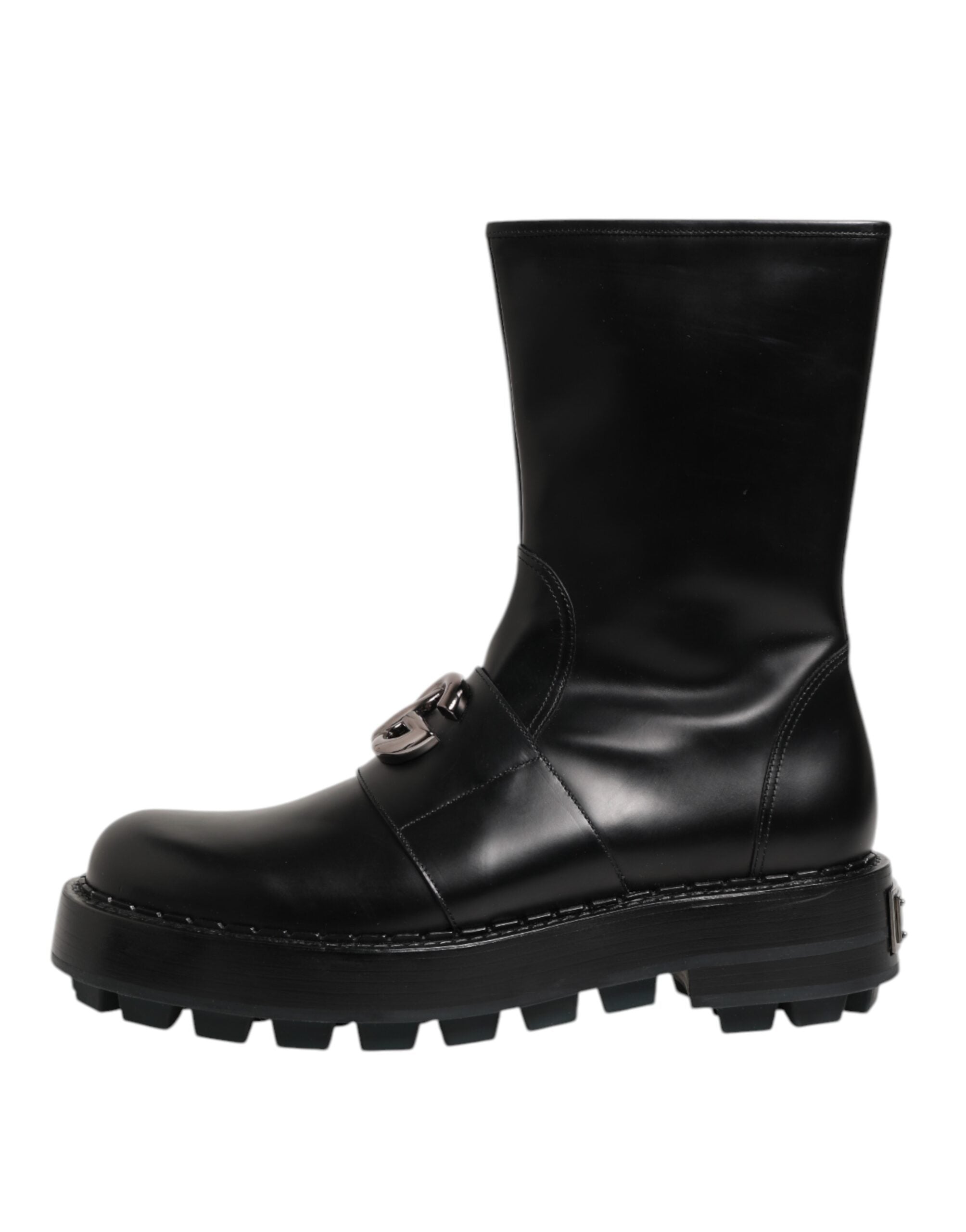 Bottes biker noires Dolce & Gabbana avec plaque logo en mi-mollet, style robuste et élégant.