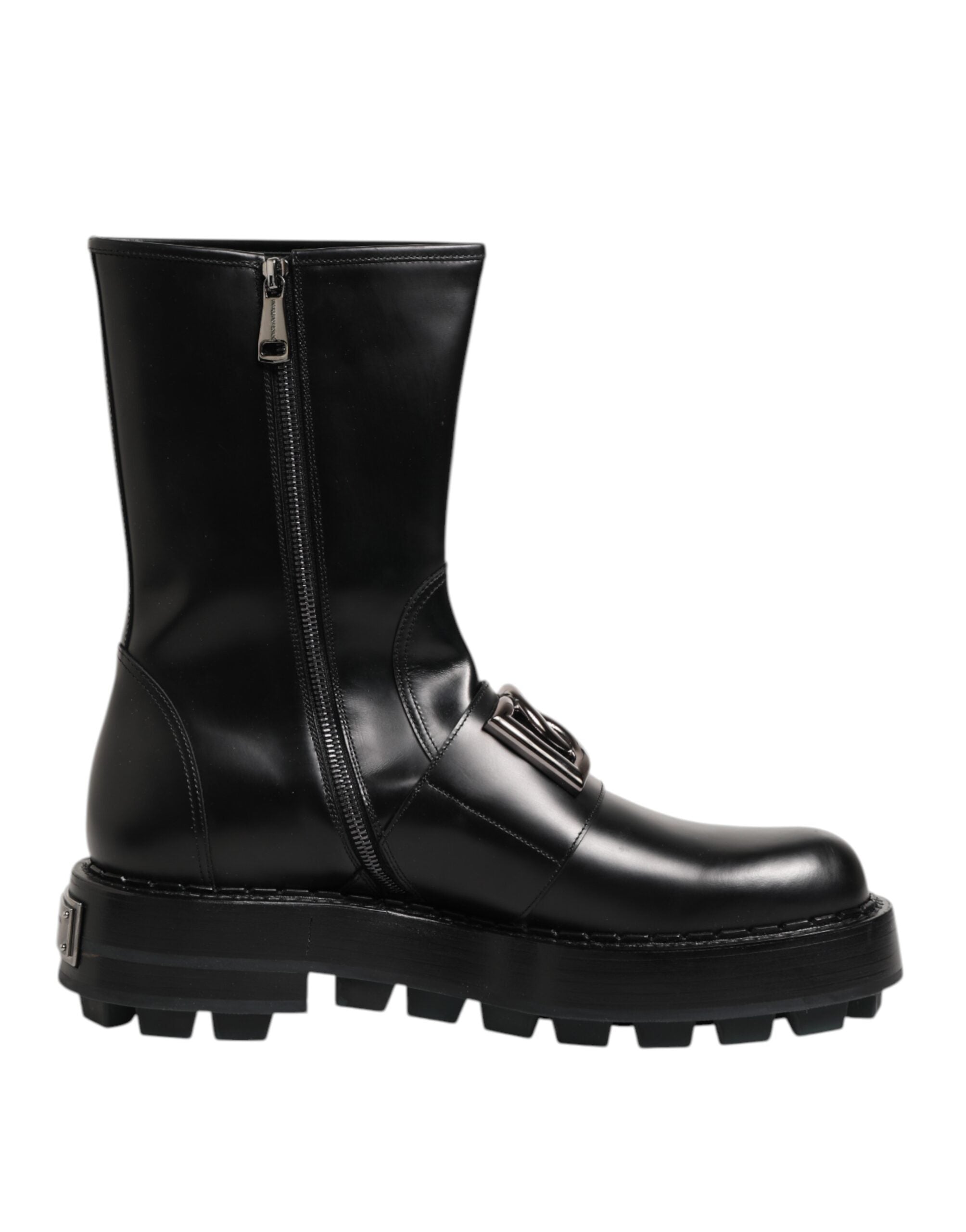 Bottes noires Dolce & Gabbana à plaque logo, mi-mollet, style biker avec semelle robuste et détails en cuir.