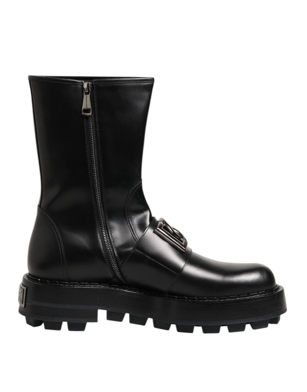 Bottes biker mi-mollet noires Dolce & Gabbana avec plaque logo, style robuste et détails en cuir.
