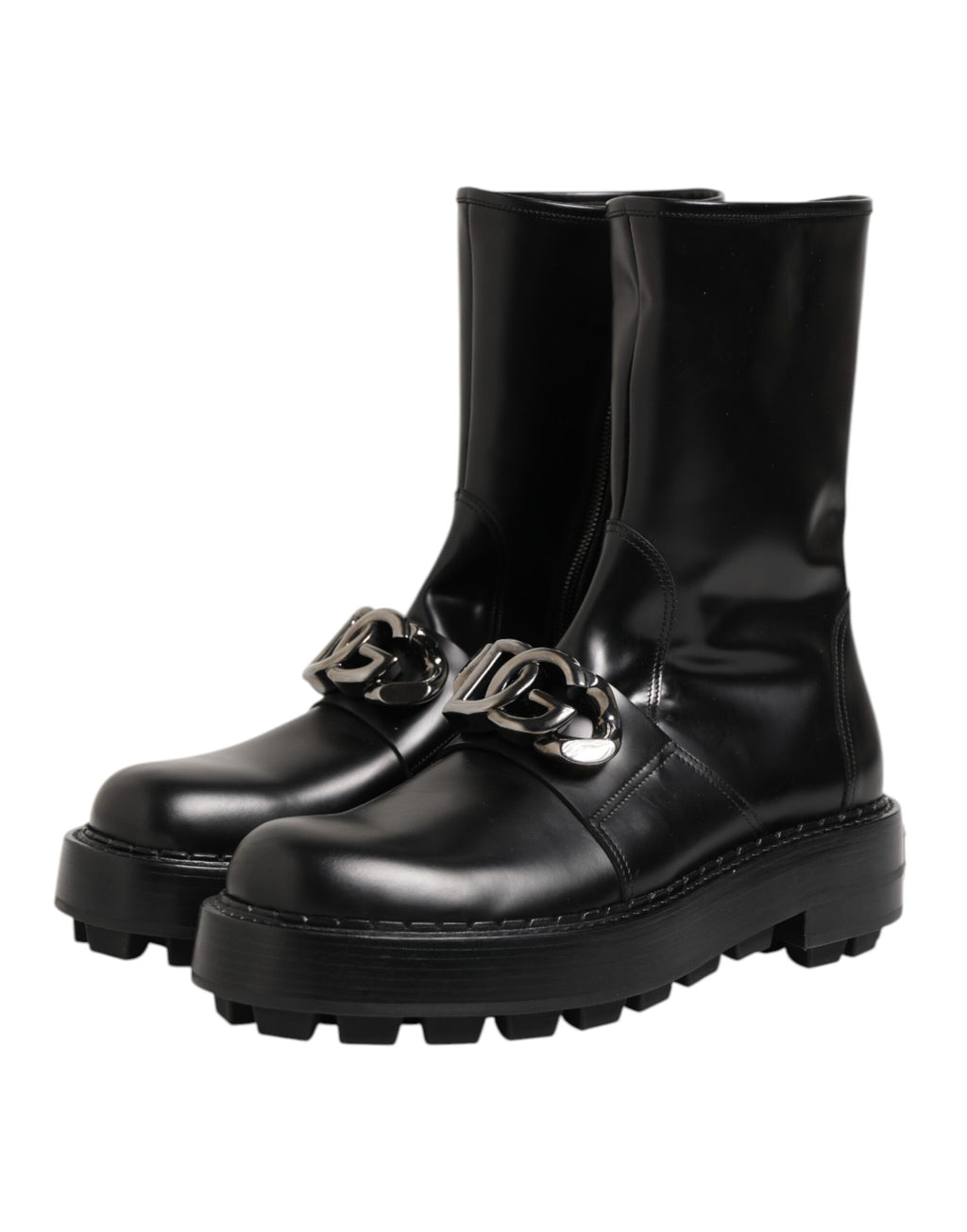 Bottes biker mi-mollet noires Dolce & Gabbana avec plaque logo en relief, style robuste et tendance.