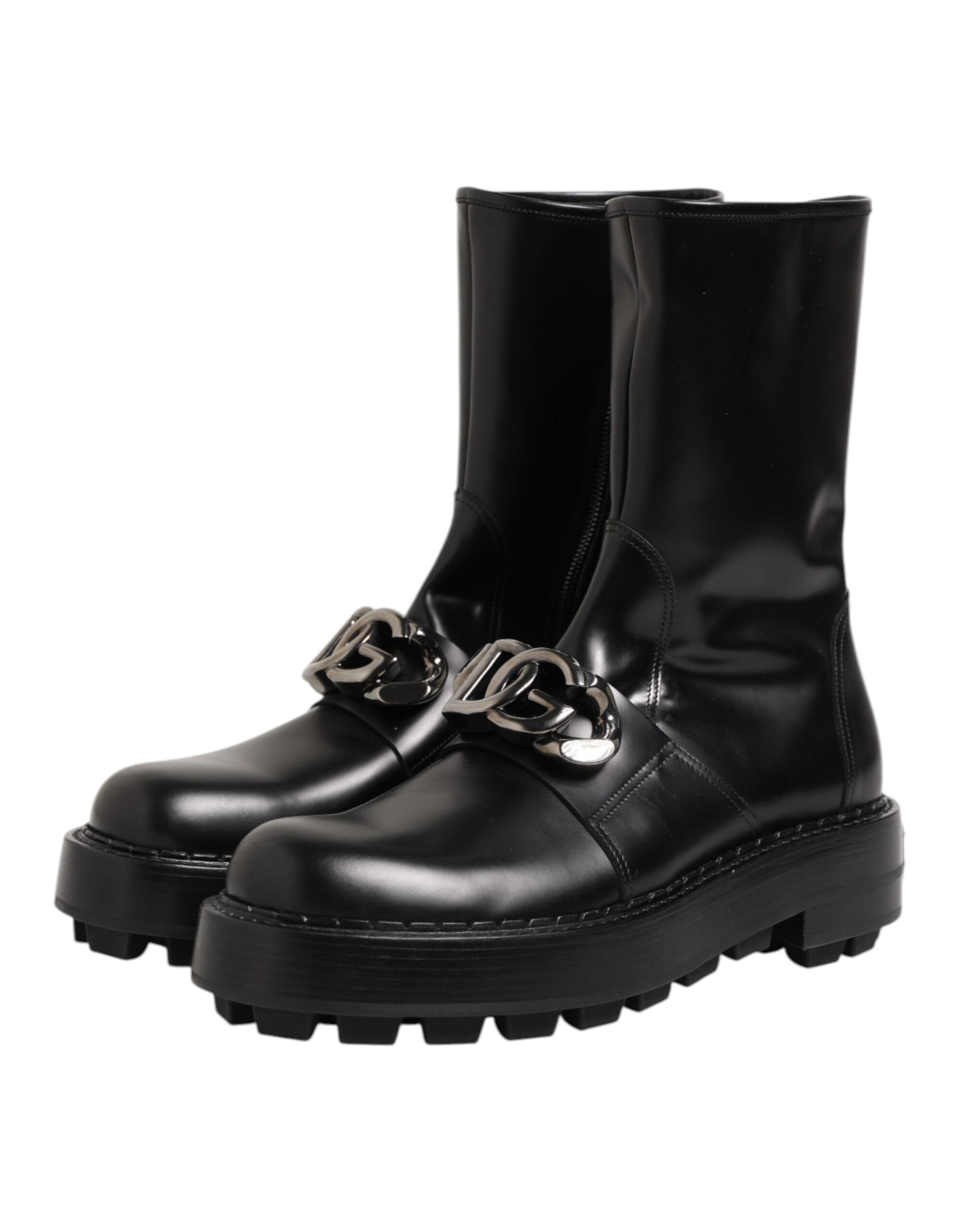 Bottes biker mi-mollet noires Dolce & Gabbana avec plaque logo en relief, style robuste et tendance.