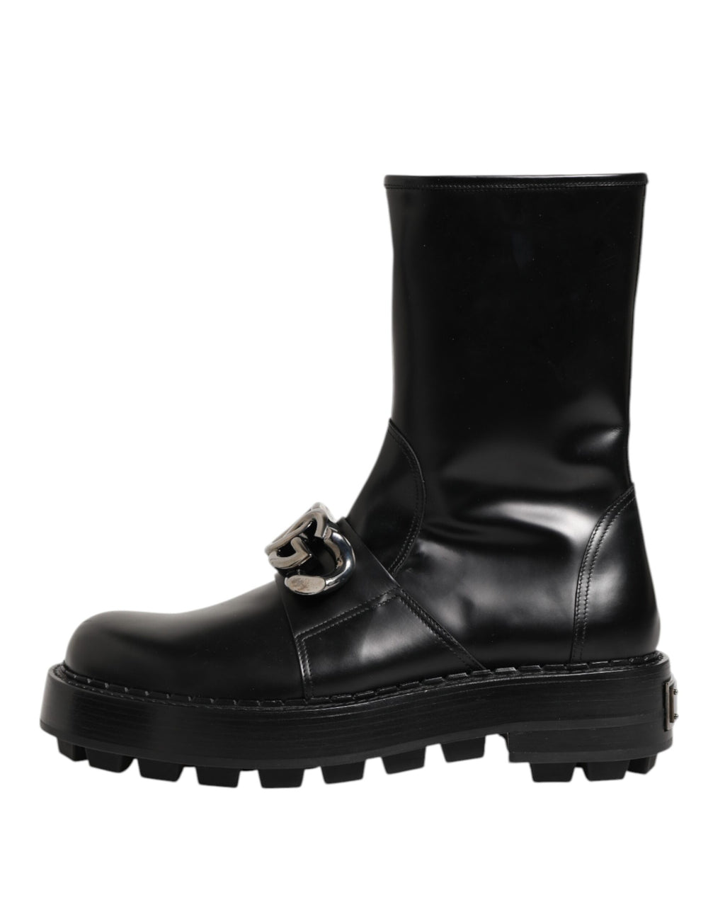Bottes biker mi-mollet noires Dolce & Gabbana avec plaque logo, style robuste et tendance, en cuir élégant.