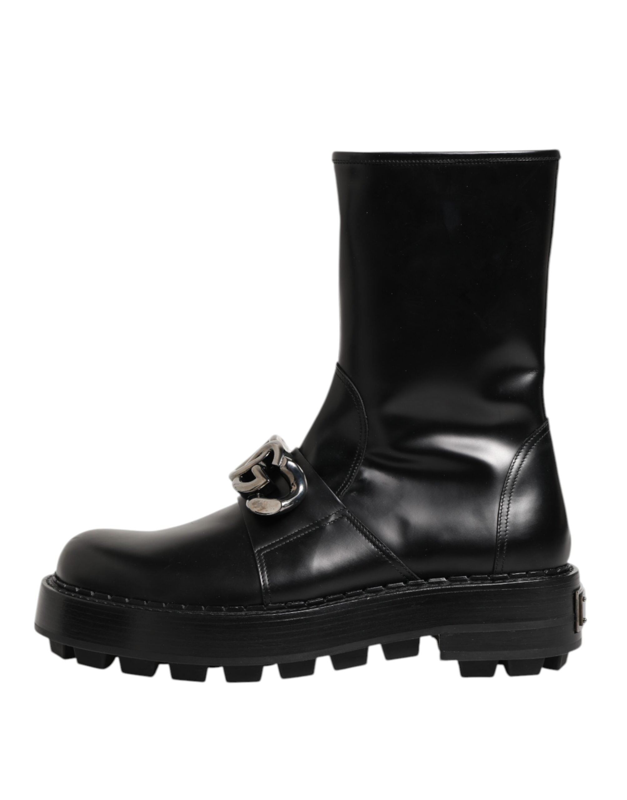 Bottes biker mi-mollet noires Dolce & Gabbana avec plaque logo, style robuste et tendance, en cuir élégant.