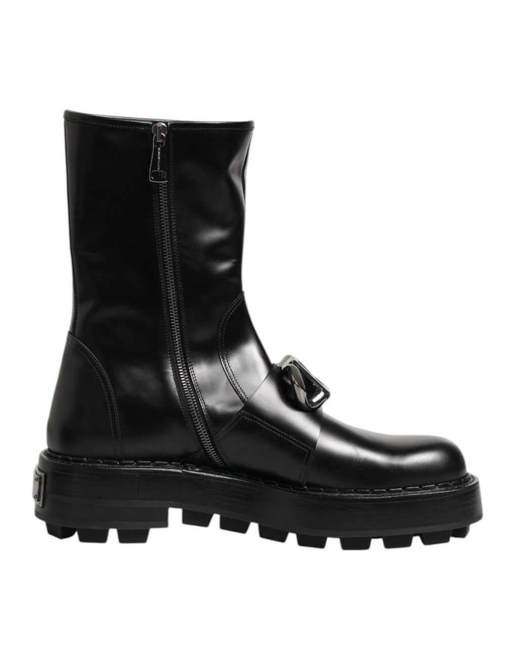 Bottes biker mi-mollet noires Dolce & Gabbana avec plaque logo en relief, style robuste et tendance.