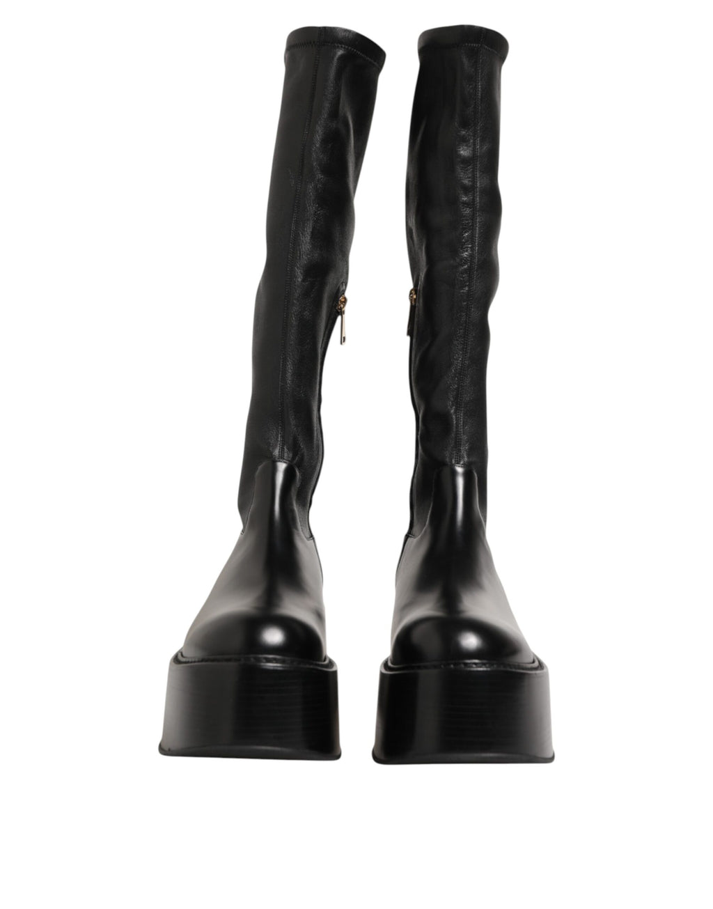 Bottes hautes Dolce & Gabbana noires avec plaque logo, style over the calf, en cuir élégant et tendance.