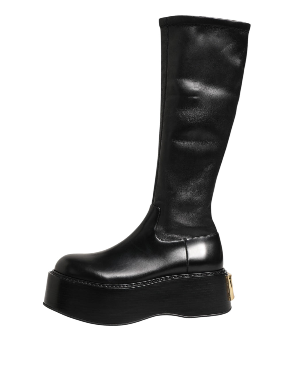 Bottes noires Dolce & Gabbana avec plaque logo sur la partie inférieure, en cuir, hauteur mi-mollet, style élégant et sophistiqué
