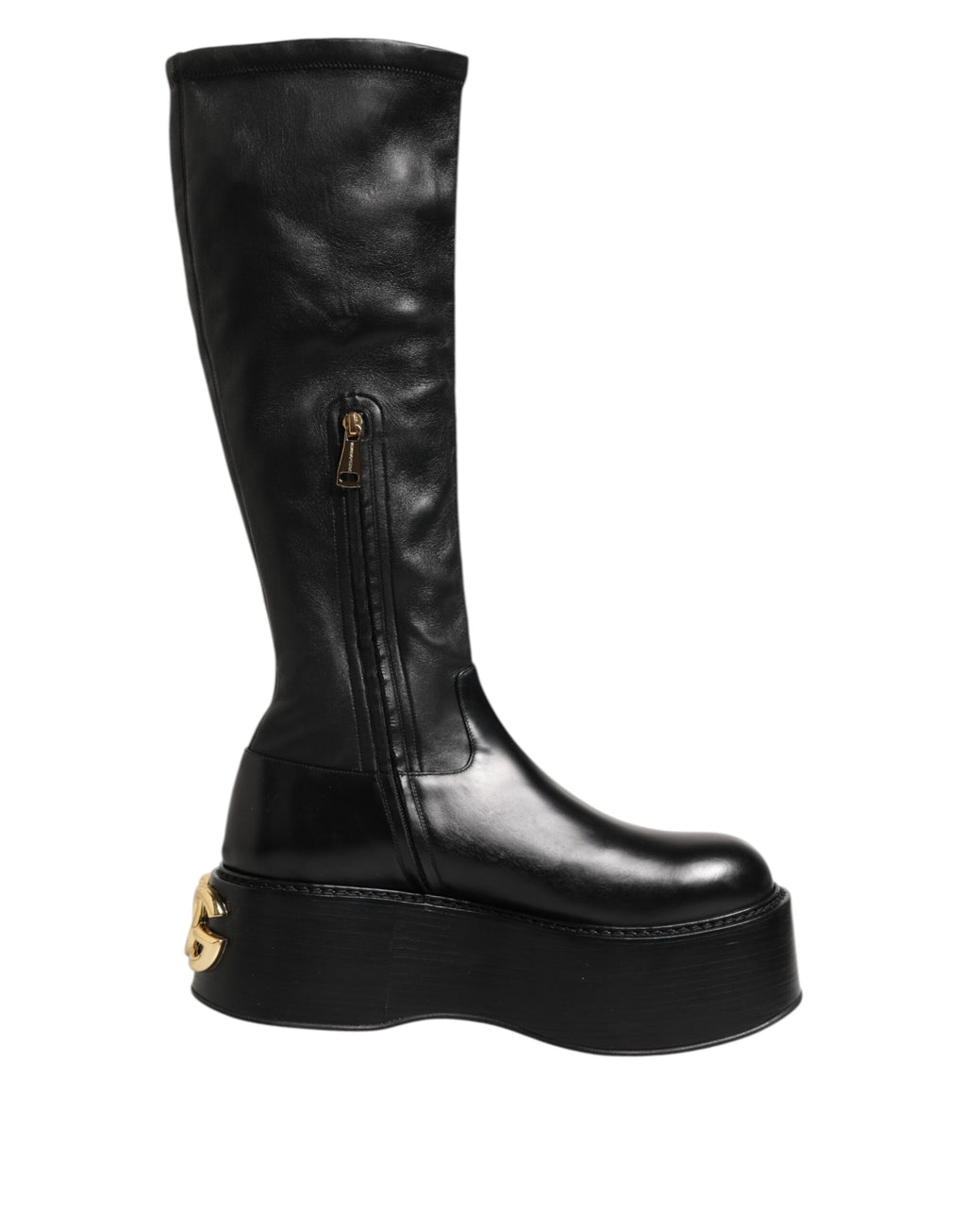 Bottes noires Dolce & Gabbana avec plaque logo sur le mollet, chaussures élégantes en cuir pour femme.