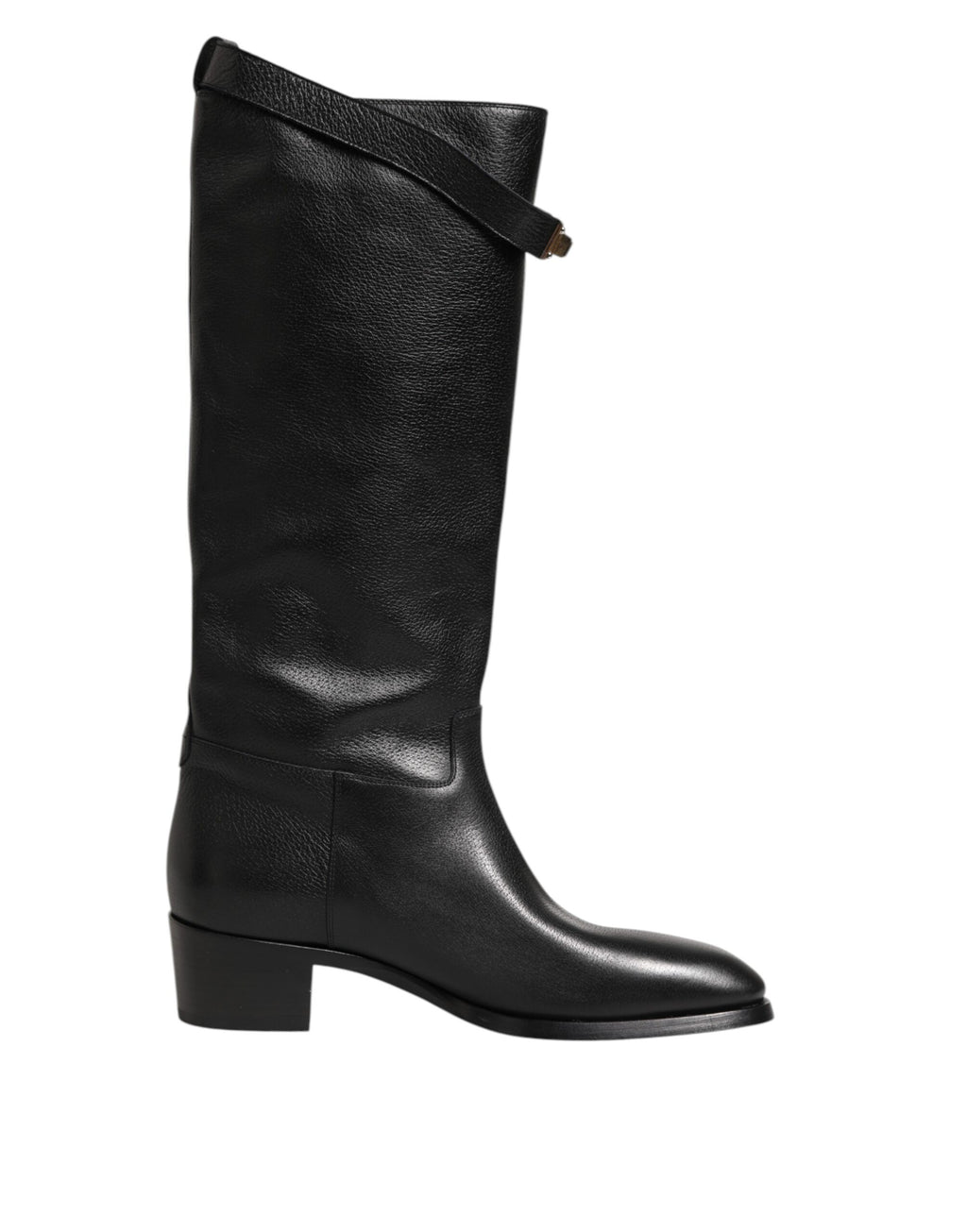 Bottes hautes Dolce & Gabbana noires avec plaque logo, sur le mollet, en cuir élégant, style sophistiqué.