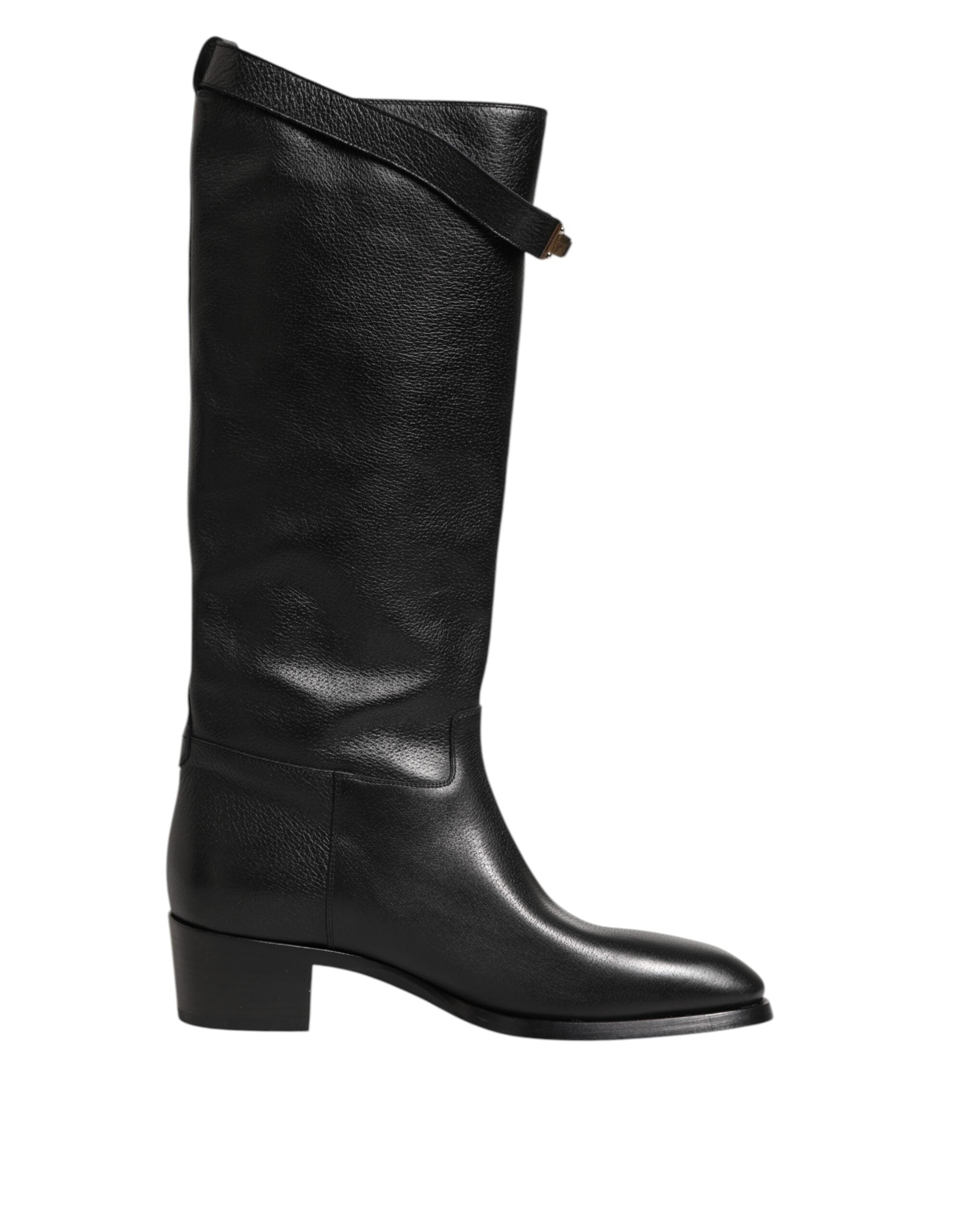 Bottes hautes Dolce & Gabbana noires avec plaque logo, sur le mollet, en cuir élégant, style sophistiqué.