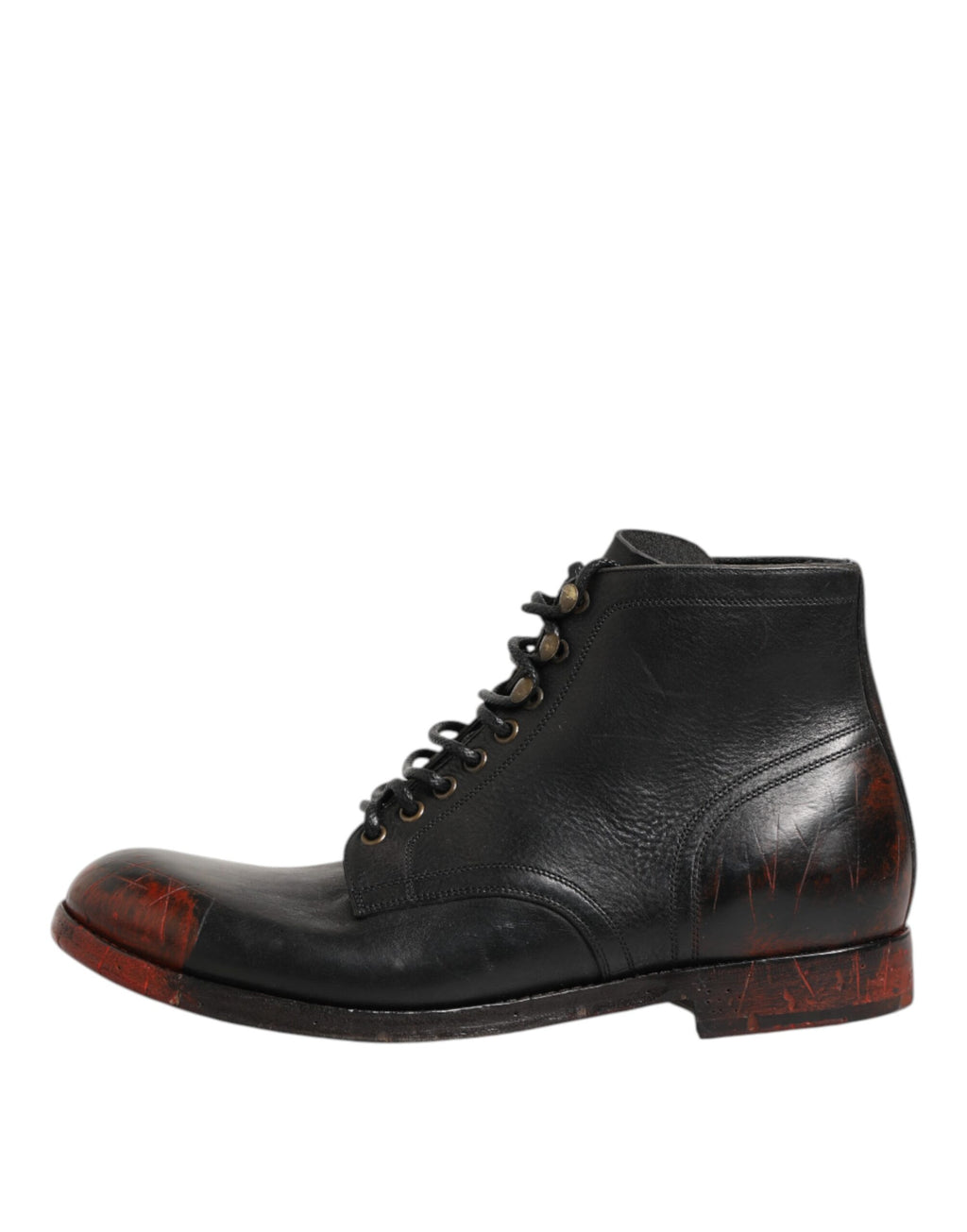 Bottines noires et rouges Dolce & Gabbana à lacets, courtes à la cheville, en cuir avec détails en dentelle.