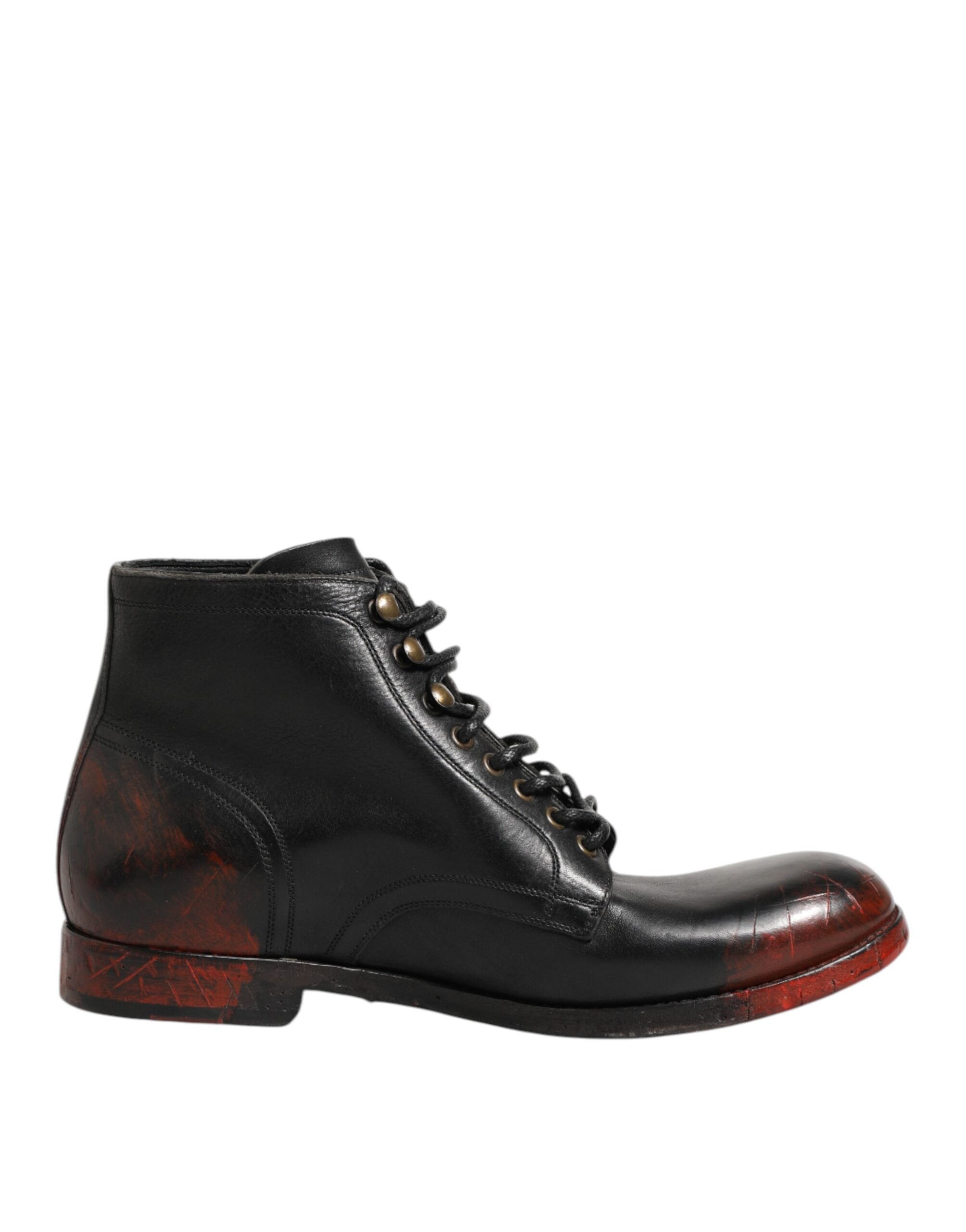 Bottes courtes noires et rouges en dentelle Dolce & Gabbana, chaussures à lacets pour femme, talons élégants.