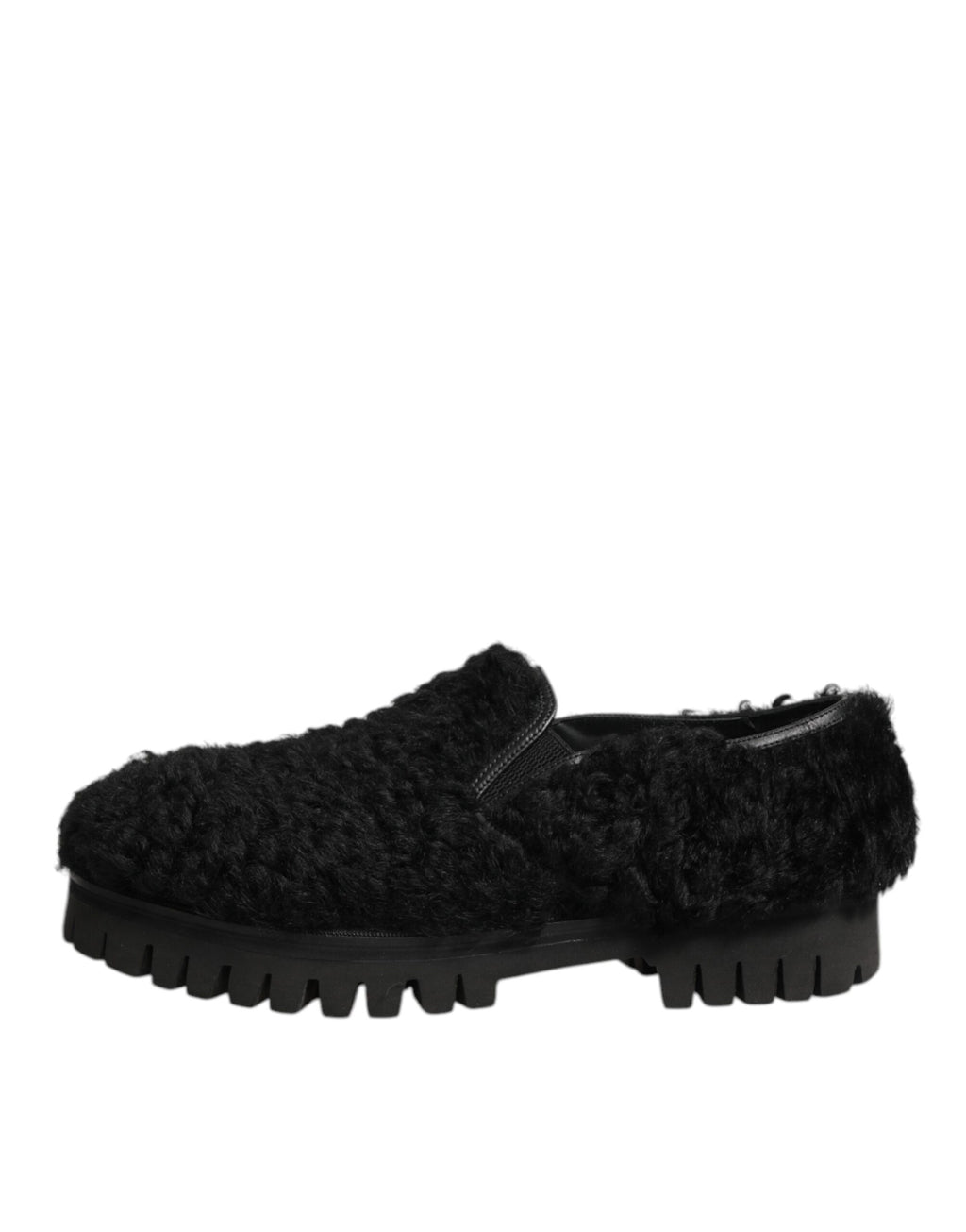 Chaussures hommes Dolce & Gabbana, slippers en cuir noir avec fourrure, style élégant et luxueux.