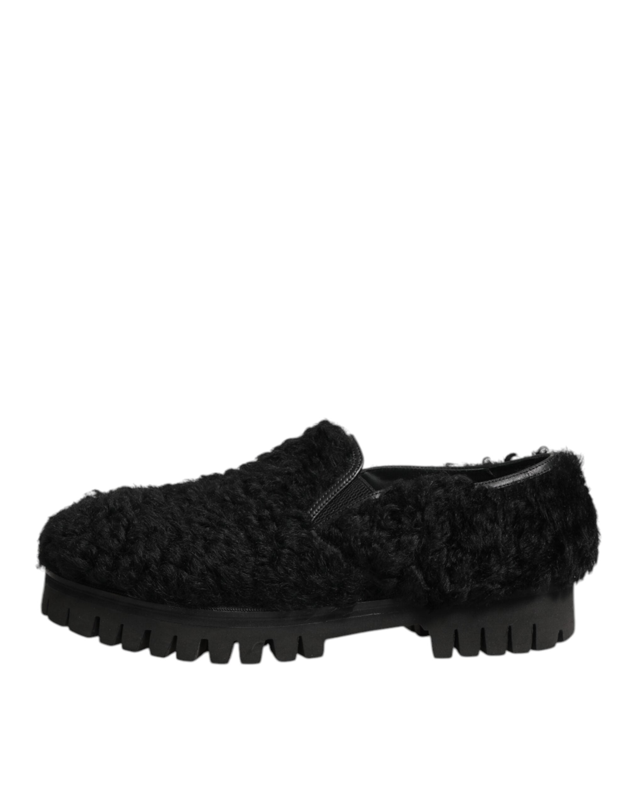 Chaussures hommes Dolce & Gabbana, slippers en cuir noir avec fourrure, style élégant et luxueux.