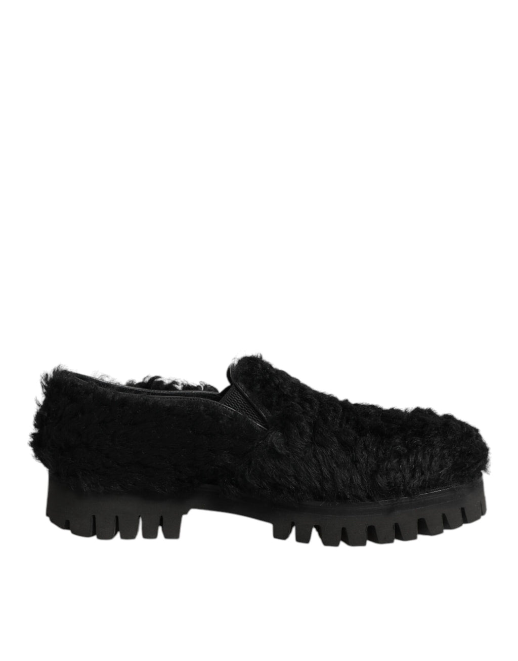 Chaussures pour hommes Dolce & Gabbana, slippers noires en cuir et fourrure, style élégant et confortable.