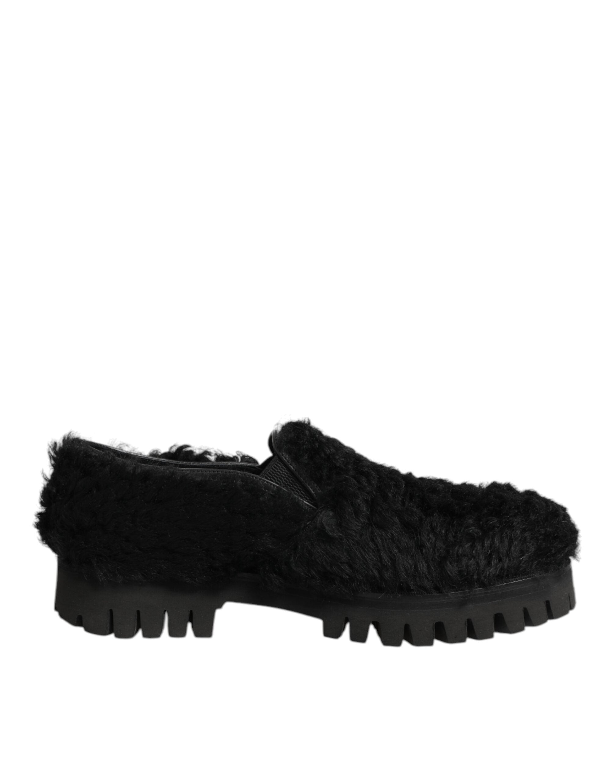 Pantoufles noires en cuir et fourrure de Dolce & Gabbana pour hommes, chaussures élégantes et confortables.