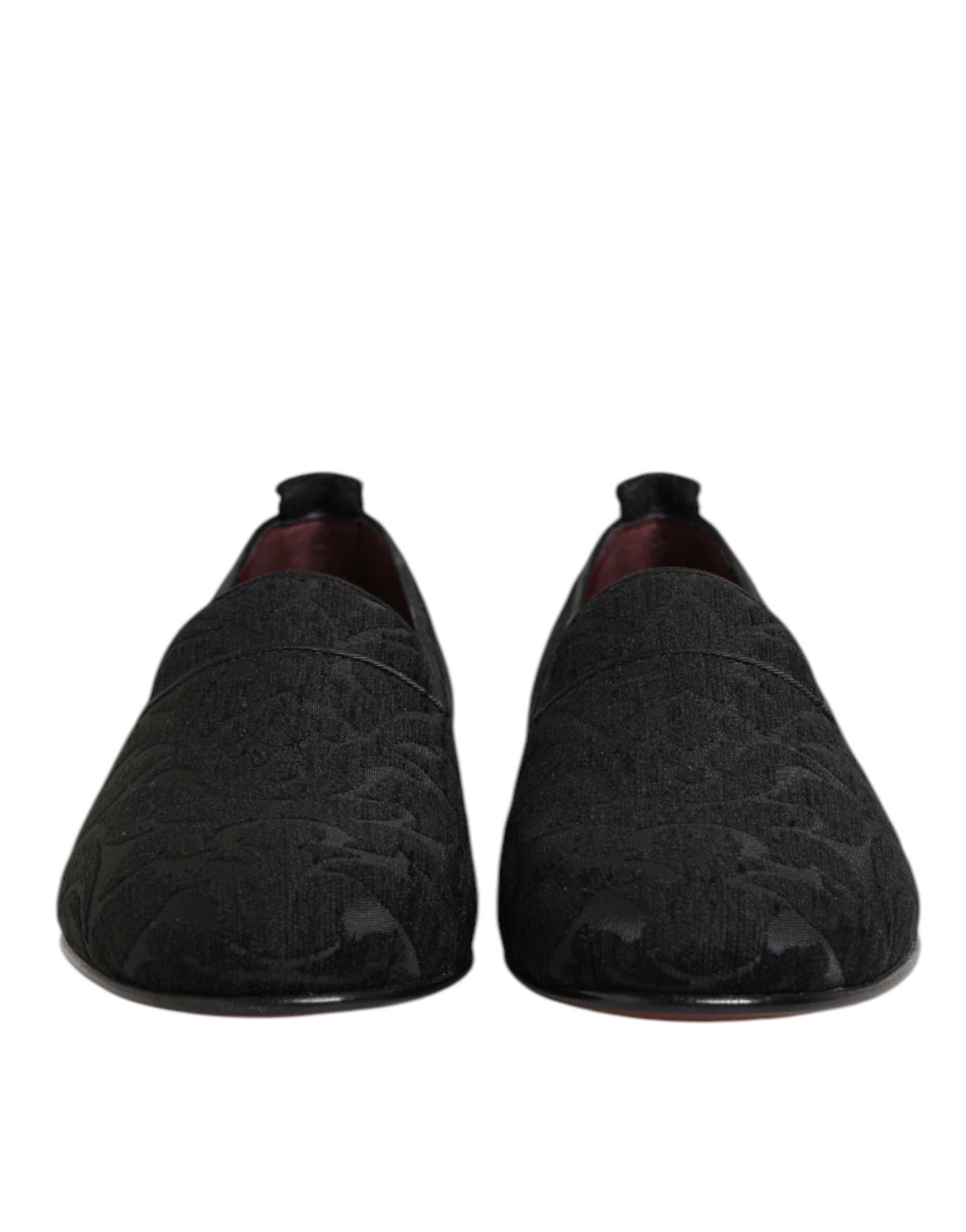 Mocassins hommes Dolce & Gabbana en brocart noir, chaussures habillées à enfiler avec semelle élégante.