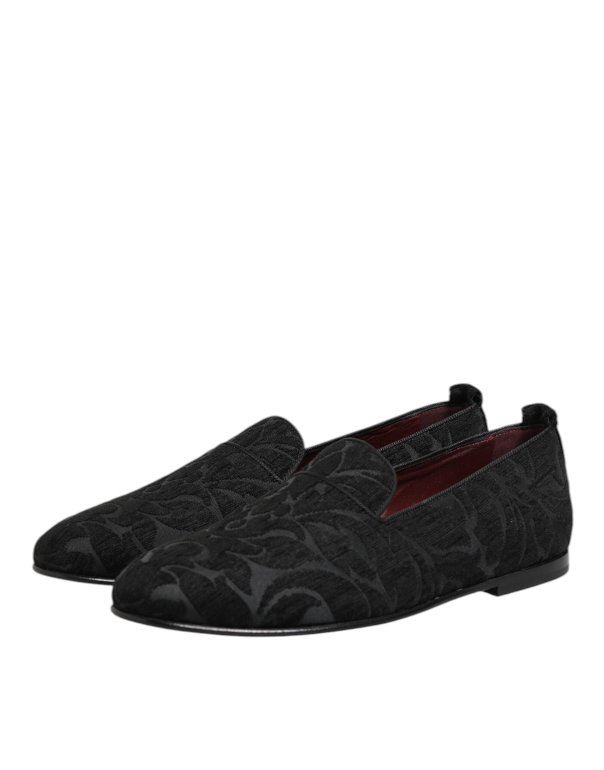 Mocassins Dolce & Gabbana en brocart noir pour homme, chaussures élégantes à enfiler, style habillé et sophistiqué.