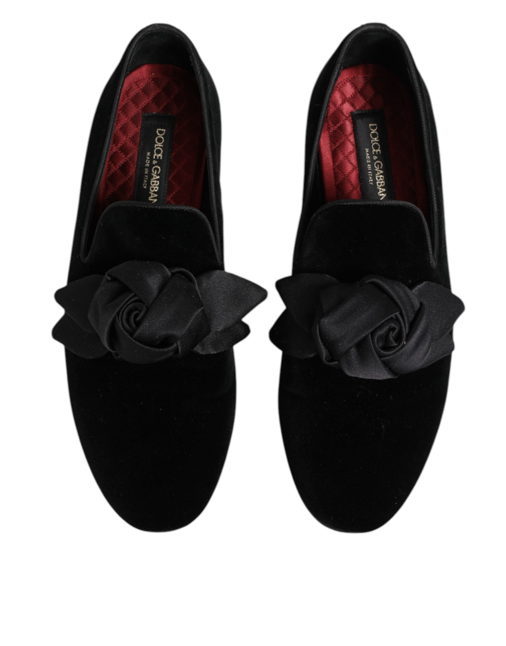 Chaussures mocassins Dolce & Gabbana noires en daim et coton avec des roses, slip-on élégants pour femmes.