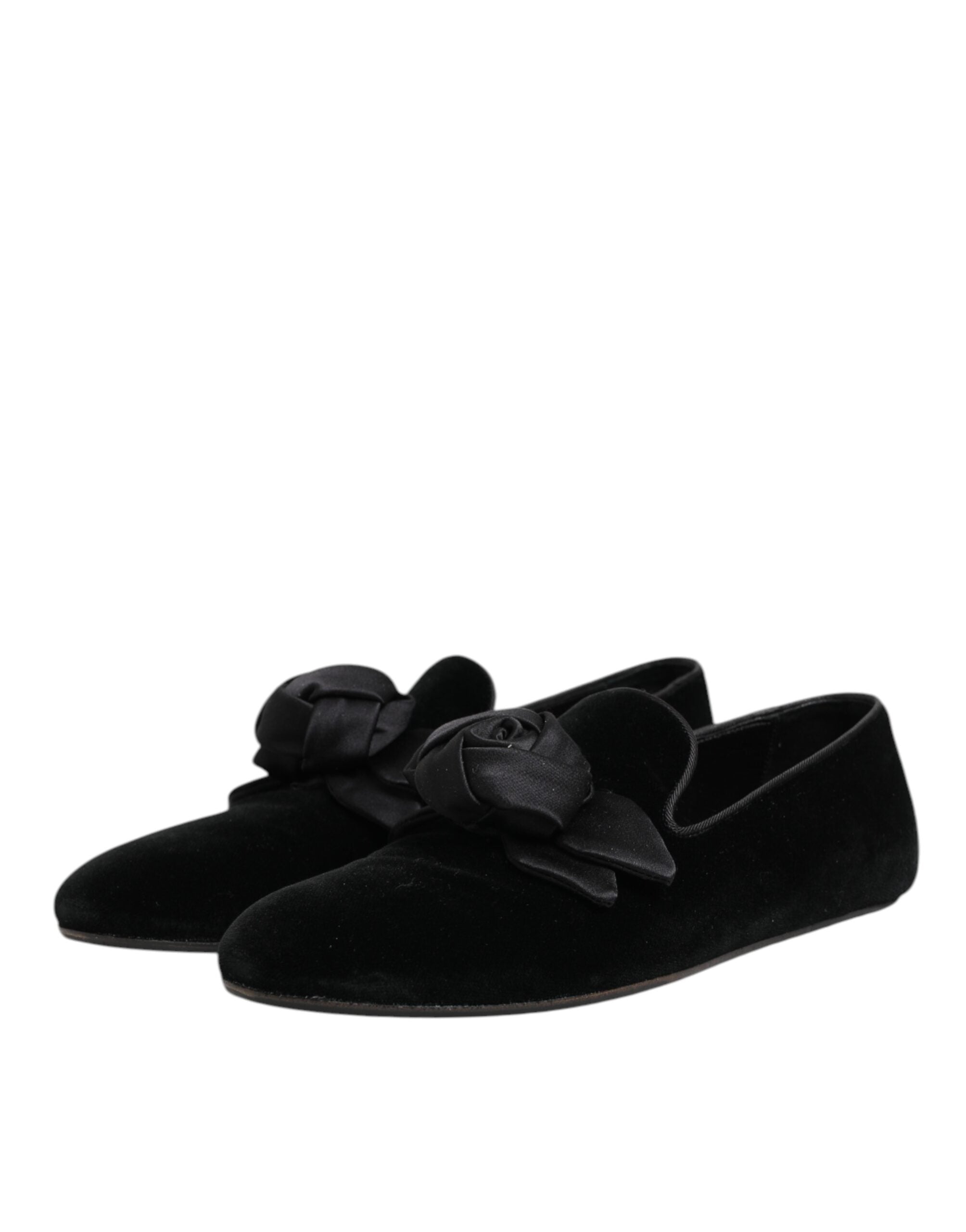 Chaussures Dolce & Gabbana en daim noir et coton avec roses, slip-on élégants pour femmes.