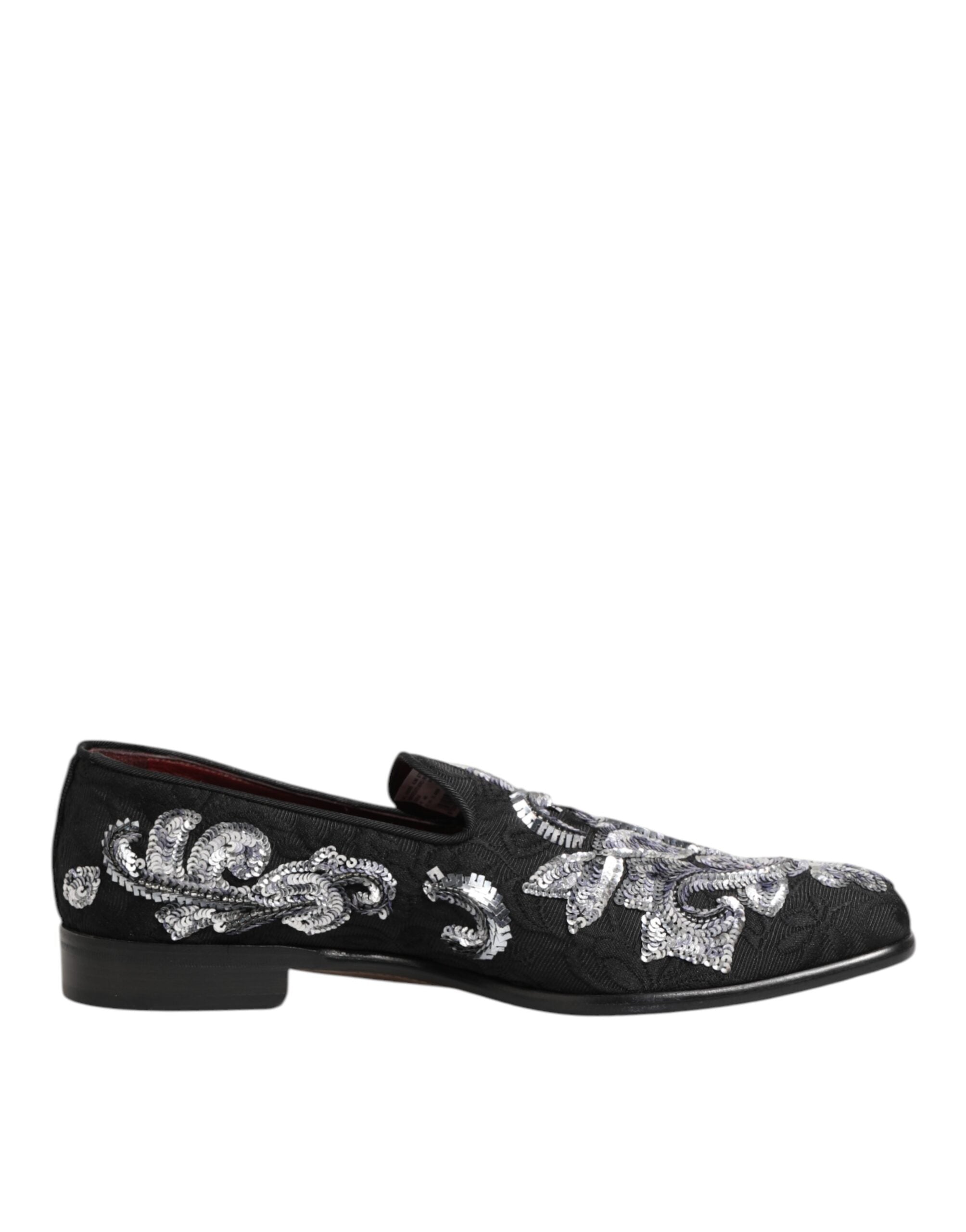Mocassins hommes Dolce & Gabbana noirs avec sequins argentés, chaussures de ville élégantes en cuir brillant.