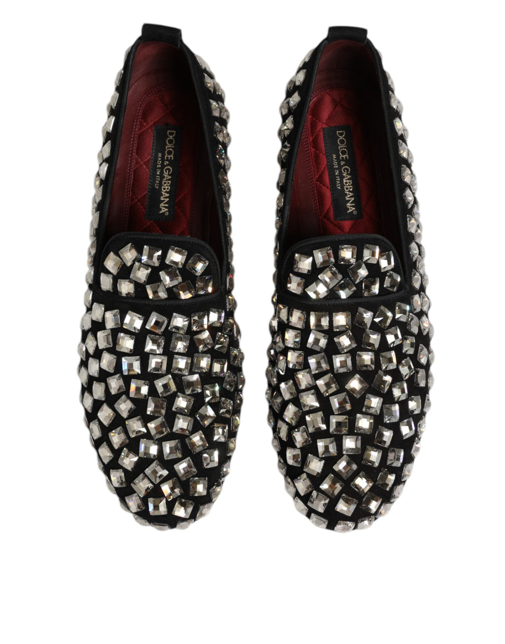 Chaussures homme Dolce & Gabbana en daim noir avec cristaux, loafers élégants pour dress code sophistiqué.
